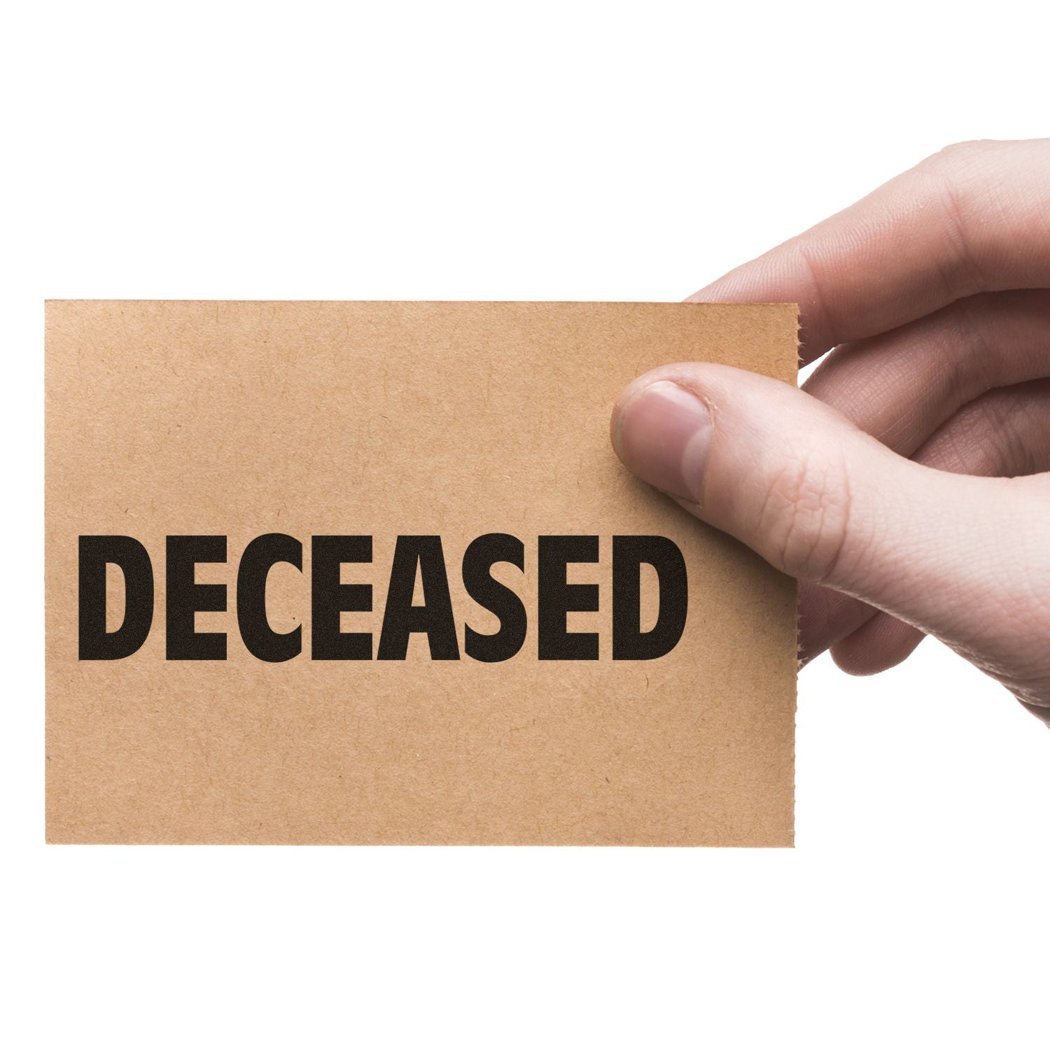 Hand holding a brown card stamped with DECEASED in black ink using the Deceased Rubber Stamp.