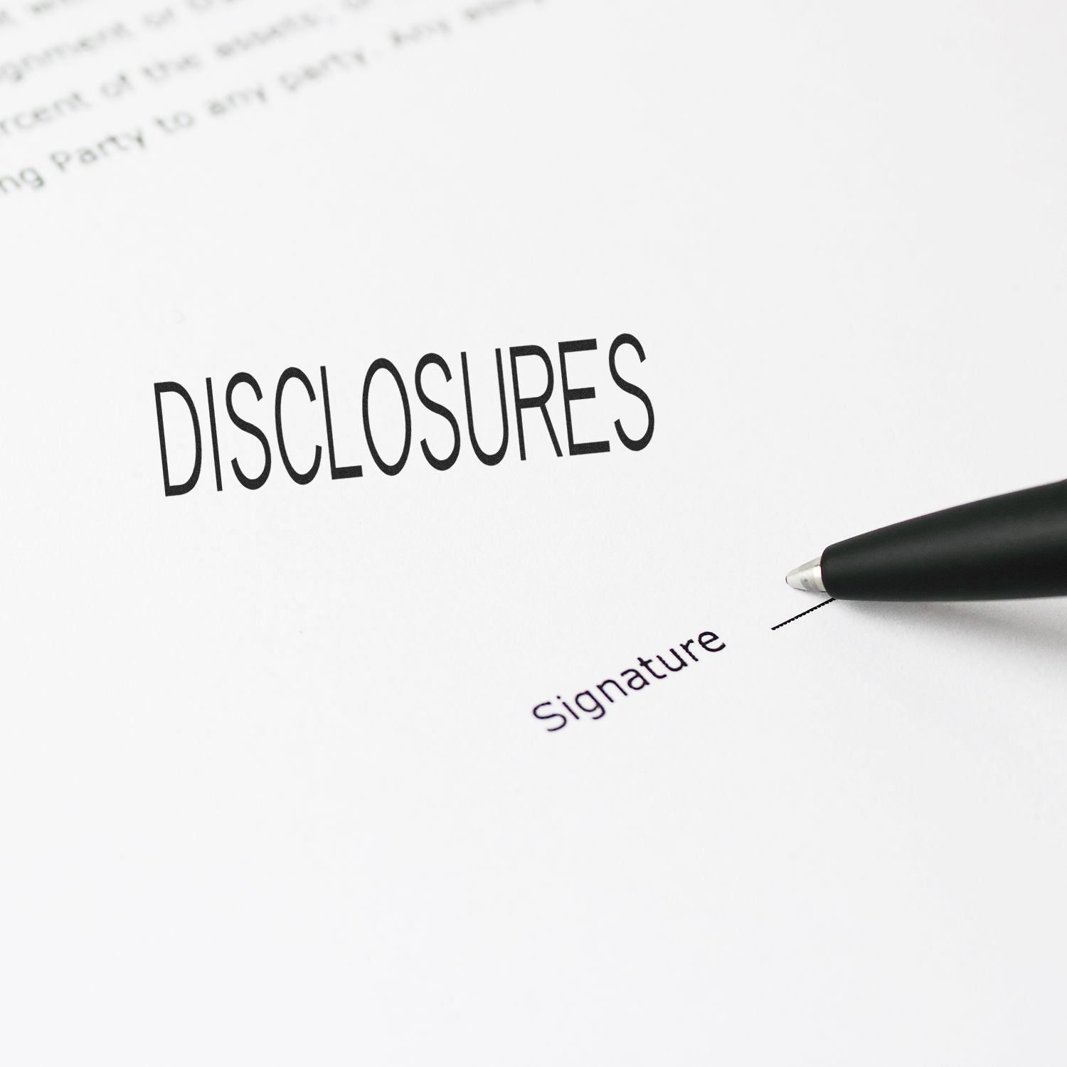 A pen points to a signature line on a document titled DISCLOSURES, stamped using the Disclosures Rubber Stamp.