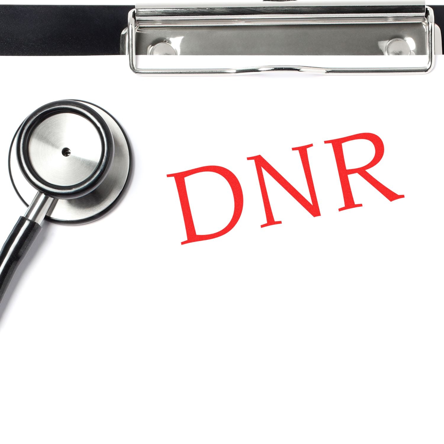 A stethoscope and clipboard with a paper stamped DNR in red using the DNR Medical Rubber Stamp.