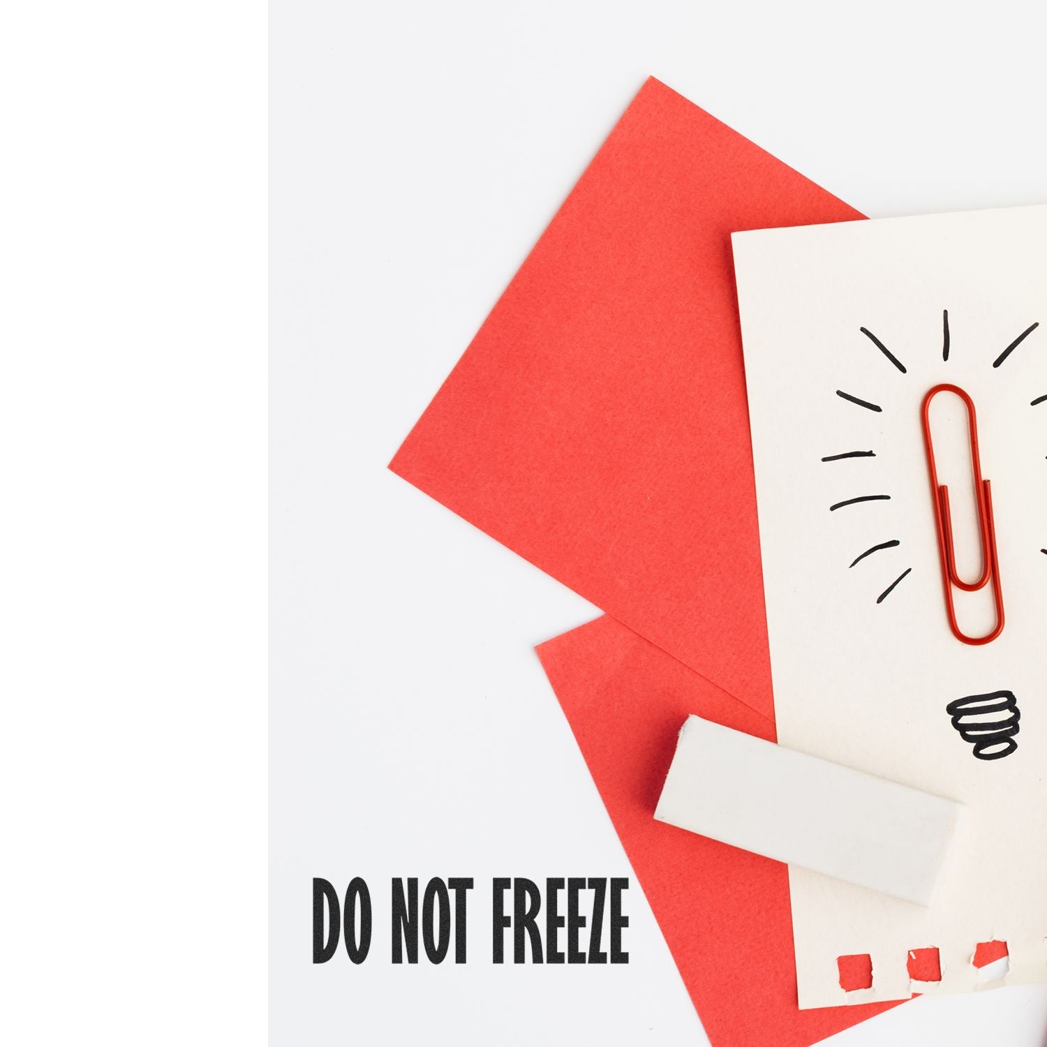 Do Not Freeze Rubber Stamp in use on white paper with red envelopes and a red paperclip, emphasizing the importance of not freezing.