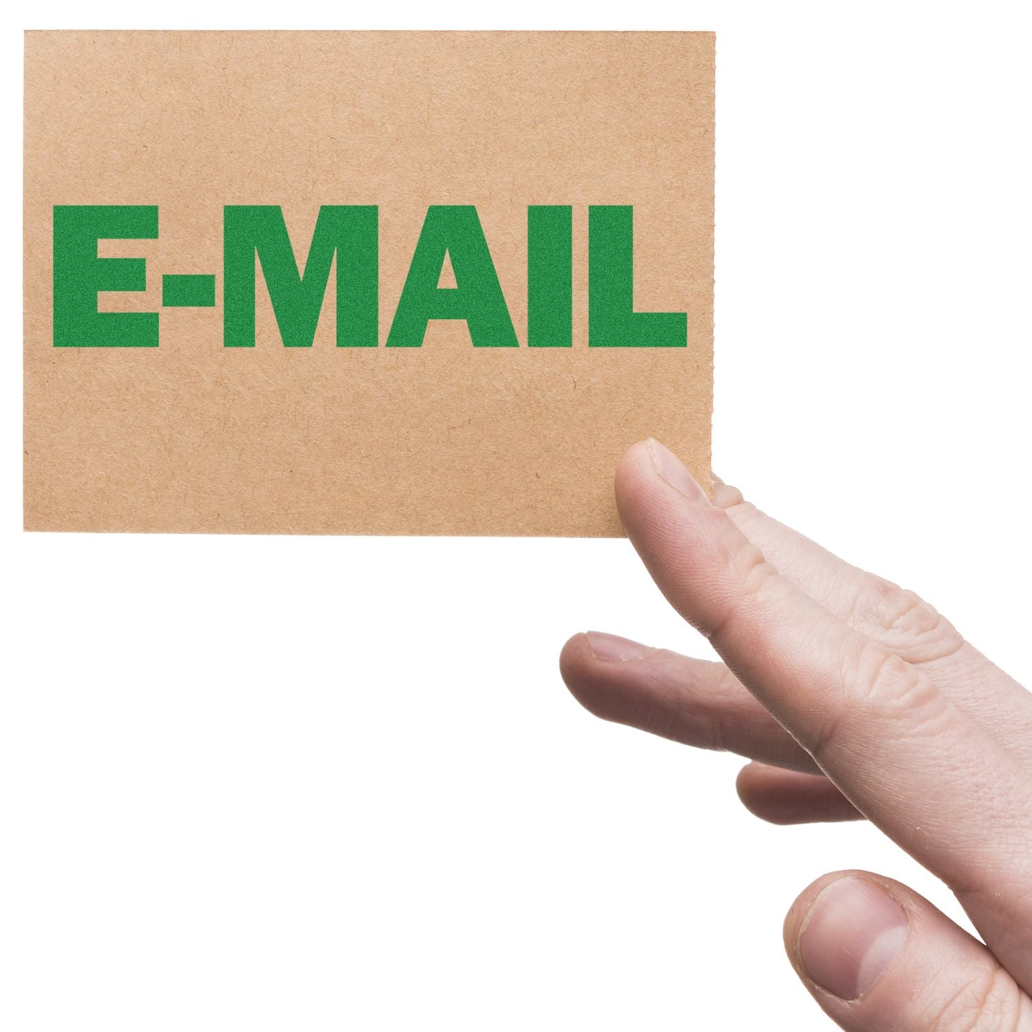 A hand holding a brown card stamped with E-MAIL in green using the E-Mail Rubber Stamp.