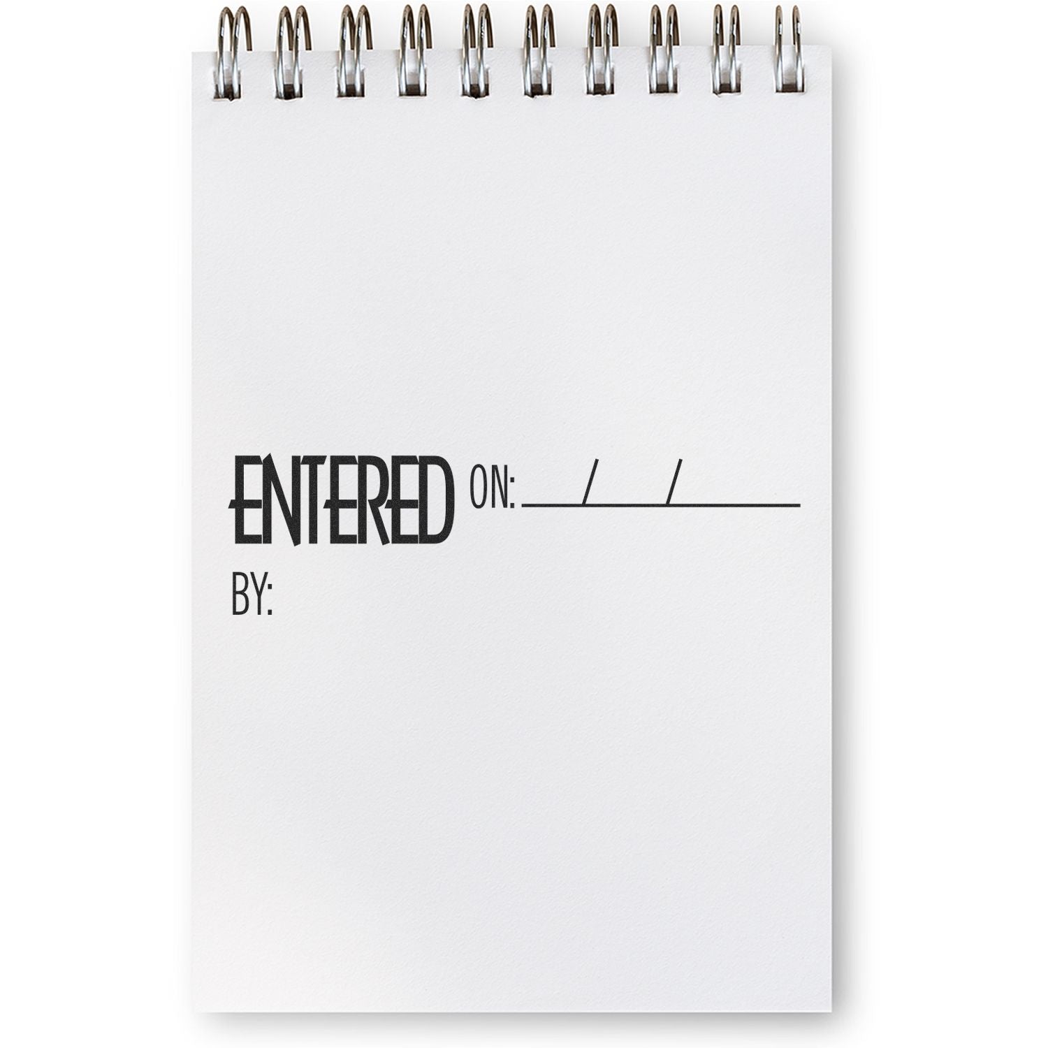 Large Self Inking Entered On Stamp used on a white notepad, showing fields for date and name entry.