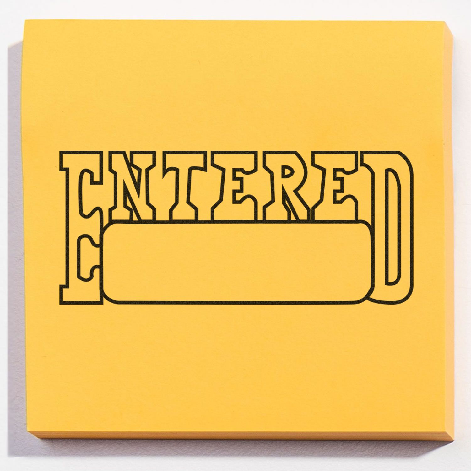 Large Self Inking Entered with Date Box Stamp imprint on a yellow sticky note, showing the word ENTERED with a blank date box below.