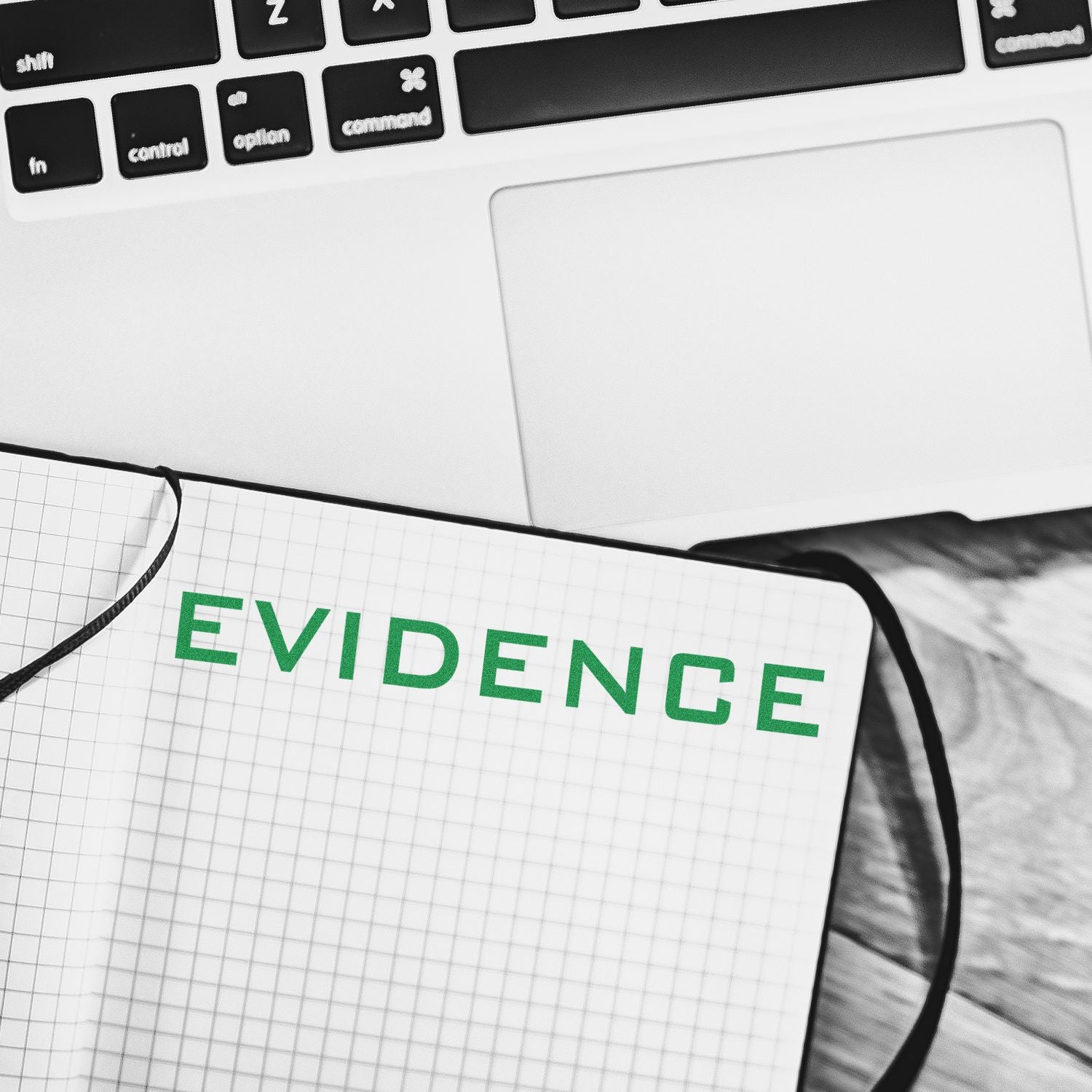 Self Inking Evidence Stamp marking the word EVIDENCE in green ink on a grid notebook, placed next to a laptop.