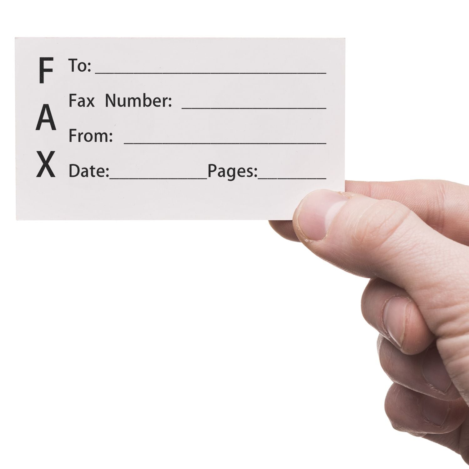 Hand holding a card stamped with Fax It 1 Rubber Stamp, showing fields for To, Fax Number, From, Date, and Pages.