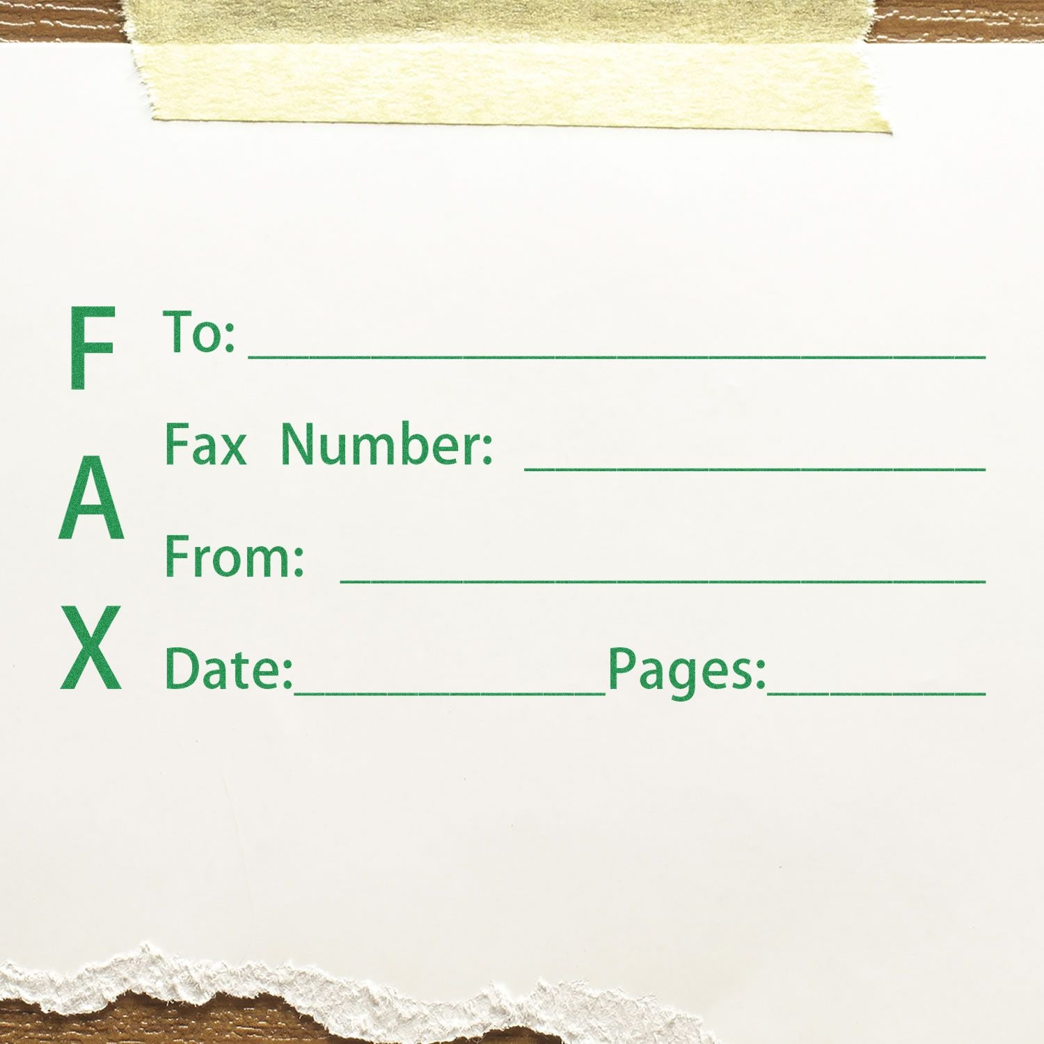 Fax It 1 Rubber Stamp in use on a white paper, showing fields for To, Fax Number, From, Date, and Pages, with green text and tape at the top.