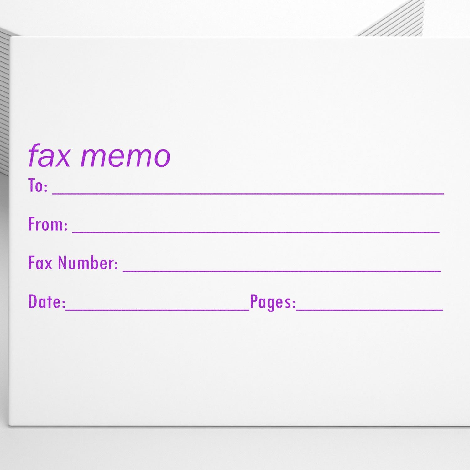 A white fax memo sheet with purple text, labeled fax memo, stamped with the Self Inking Fax It 2 Stamp, showing fields for To, From, Fax Number, Date, and Pages.