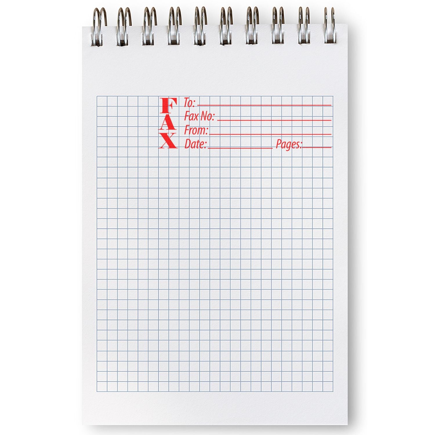 Slim Pre-Inked Fax Stamp used on a spiral notebook with grid paper, showing fields for To, Fax No., From, Date, and Pages in red ink.