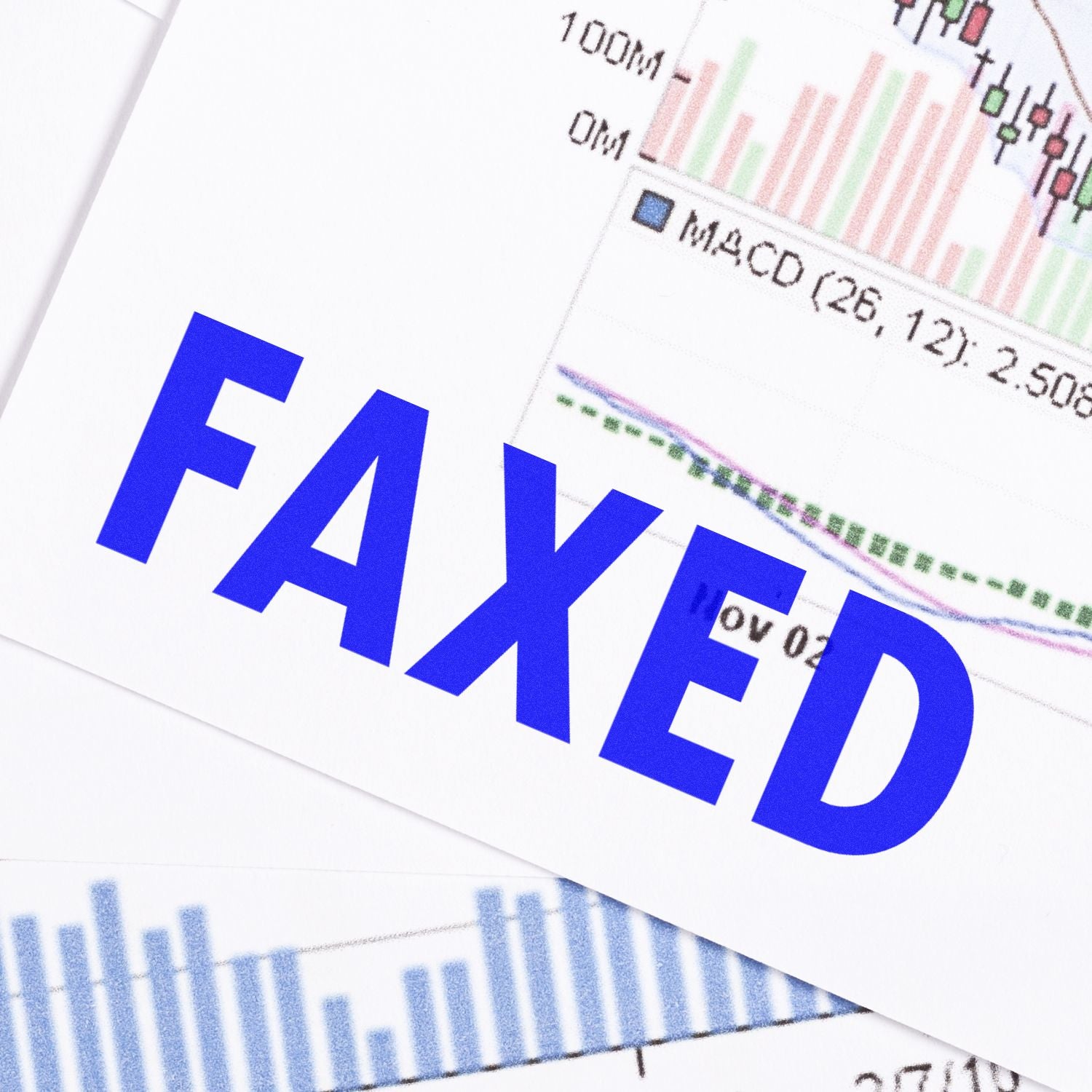 Self Inking Faxed Stamp in blue ink on a document with graphs and charts in the background.