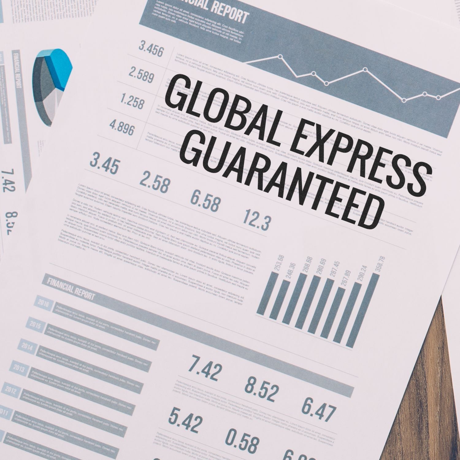 Financial reports stamped with Global Express Guaranteed using a rubber stamp, highlighting key data and graphs on a wooden desk.