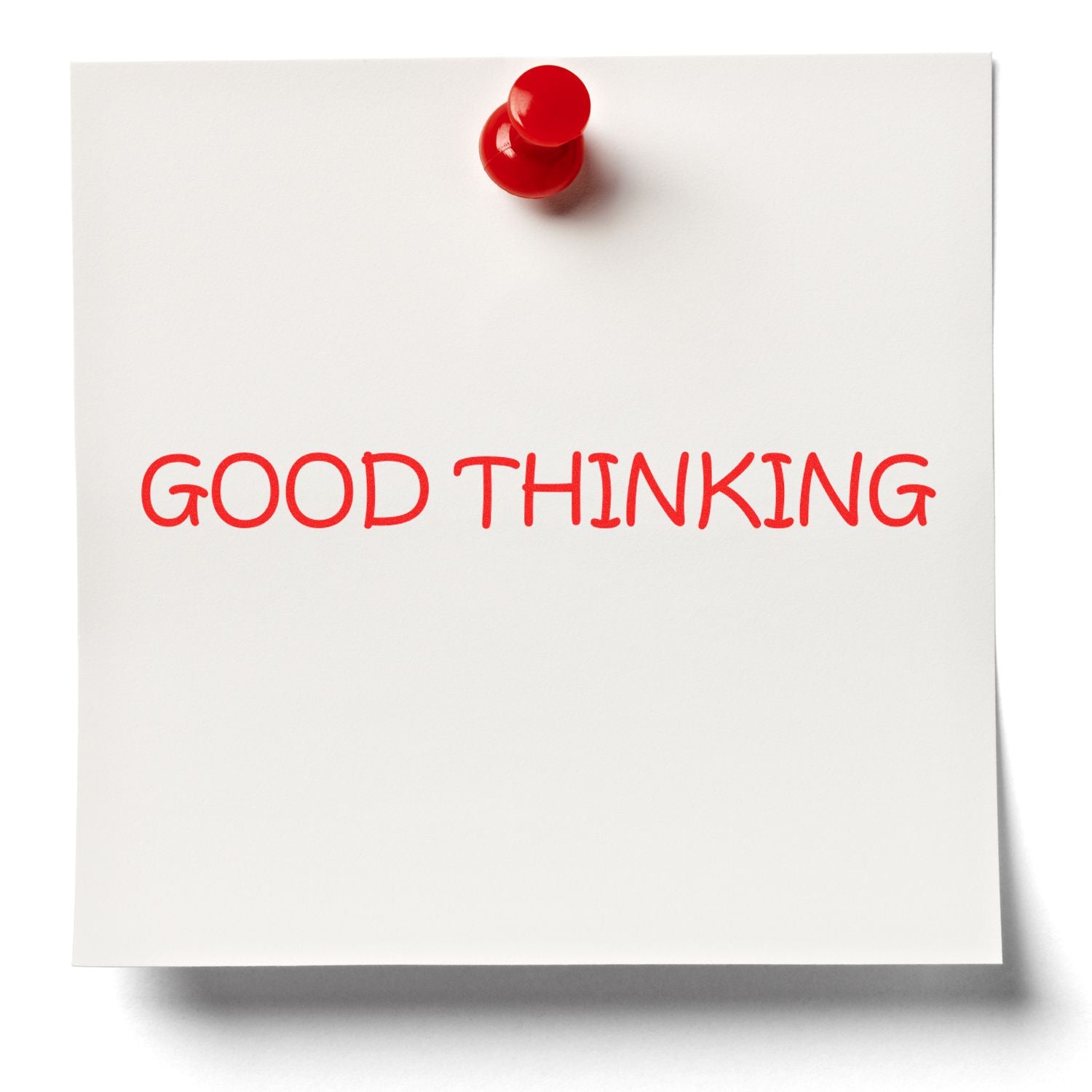 A white note pinned with a red pushpin stamped with GOOD THINKING in red ink using the Large Pre-Inked Good Thinking Stamp.