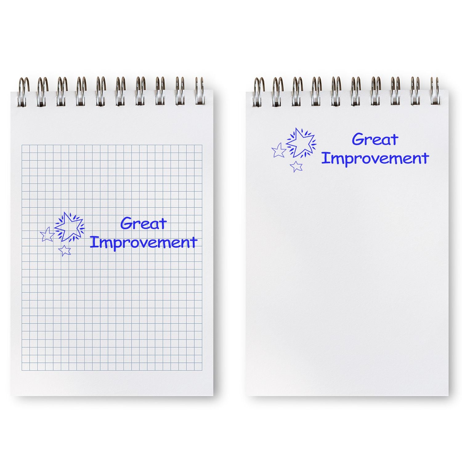 Two notepads stamped with Great Improvement using a Slim Pre-Inked Great Improvement Stamp, one on graph paper and one on plain paper.