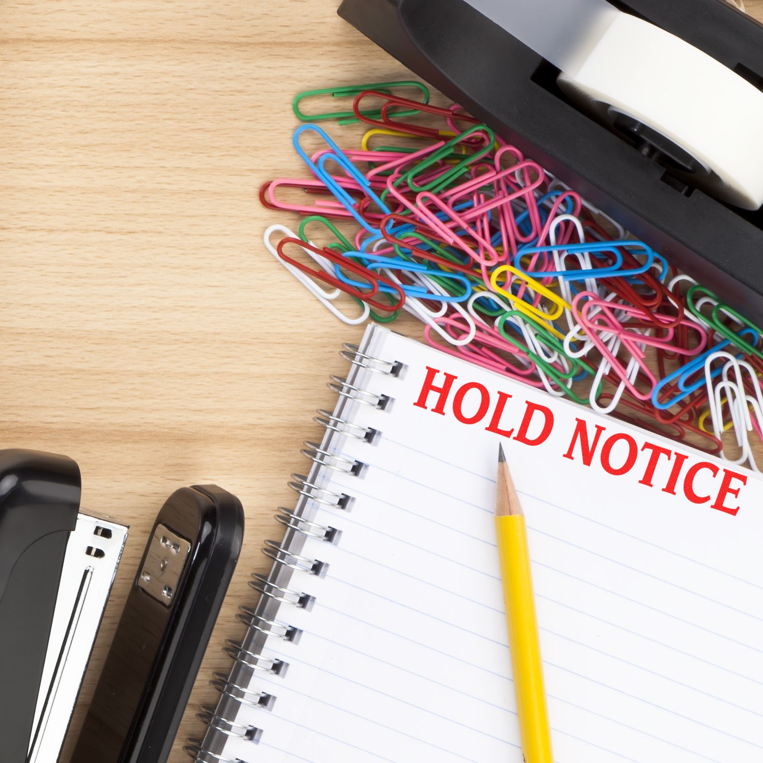 Large Pre-Inked Hold Notice Stamp marking a spiral notebook, surrounded by colorful paperclips, a stapler, and a tape dispenser on a wooden desk.