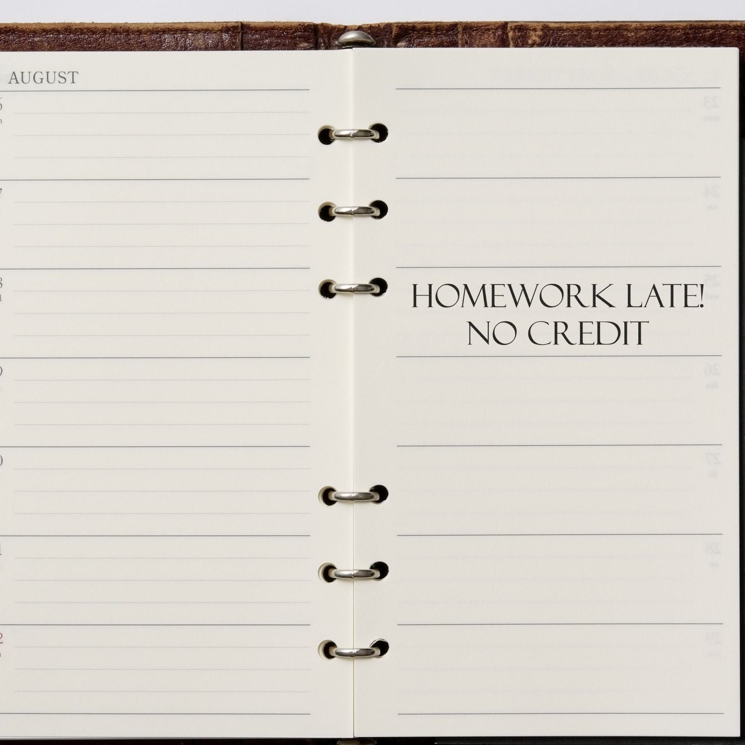 Open planner with HOMEWORK LATE! NO CREDIT stamped using the Self Inking Homework Late No Credit Stamp on a blank page.