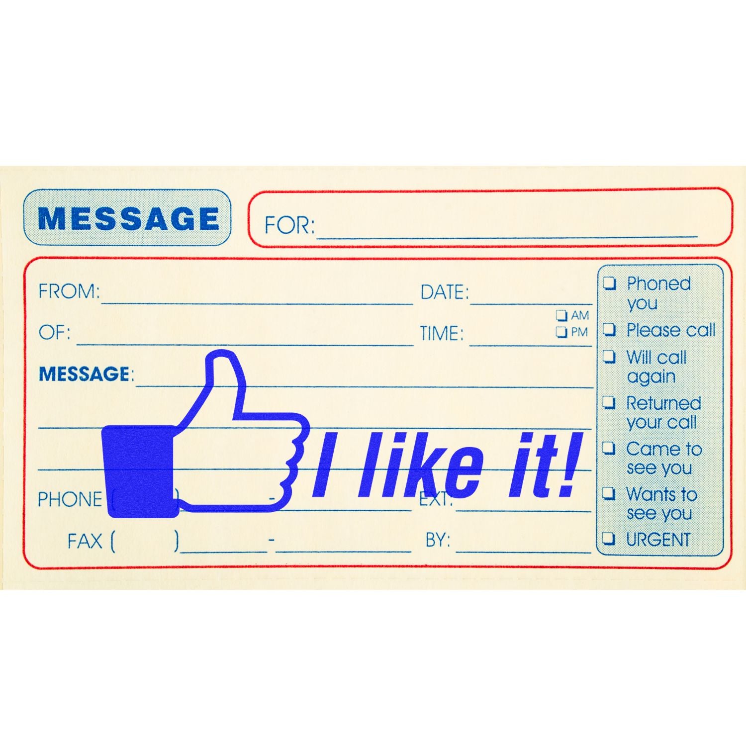 A message pad stamped with a blue I like it! Large I like it Rubber Stamp, featuring a thumbs-up icon.