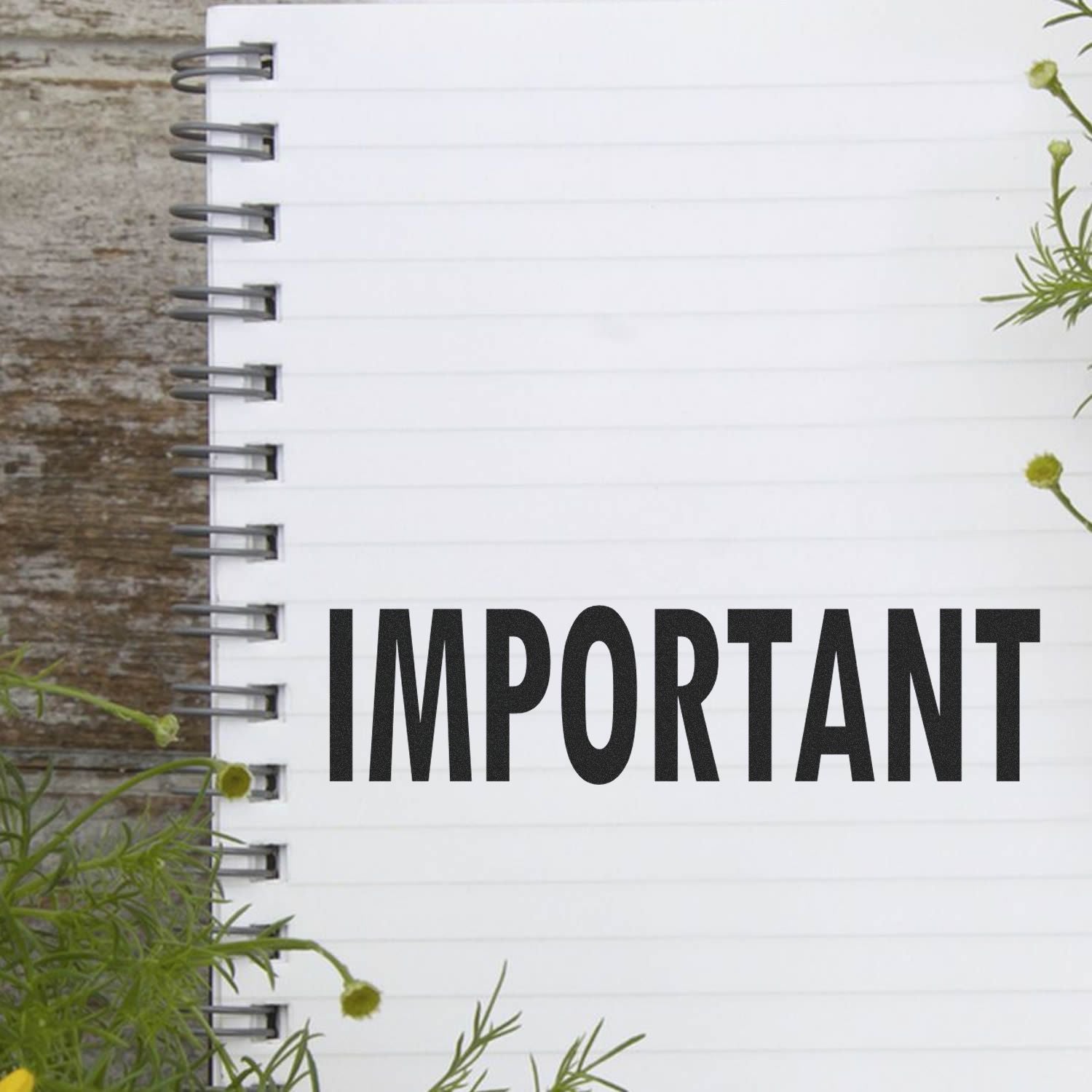 A notebook with IMPORTANT stamped on a page using the Important Rubber Stamp, surrounded by greenery on a wooden surface.