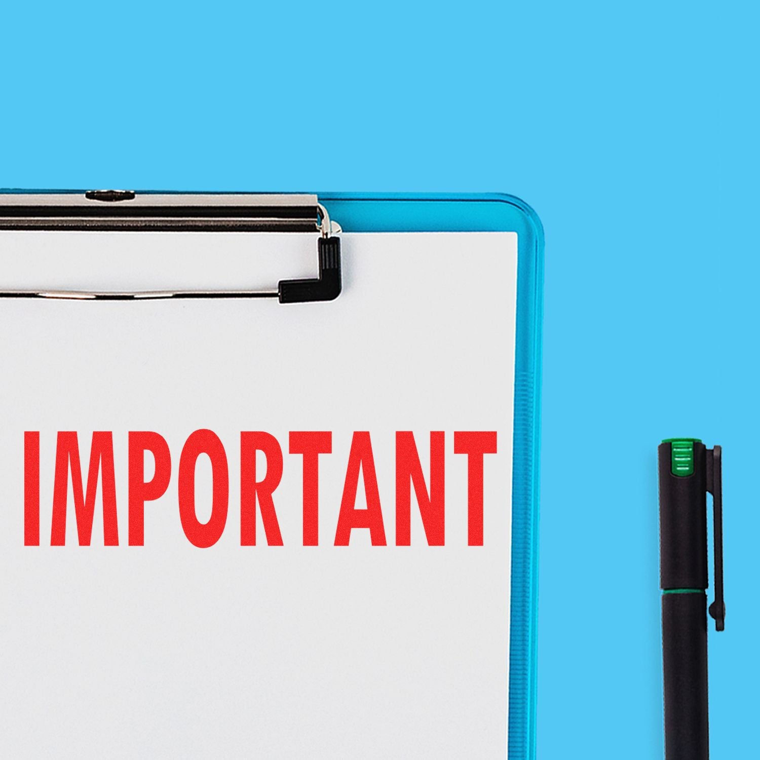 A clipboard with a paper stamped IMPORTANT in red using the Important Rubber Stamp, next to a black pen on a blue background.