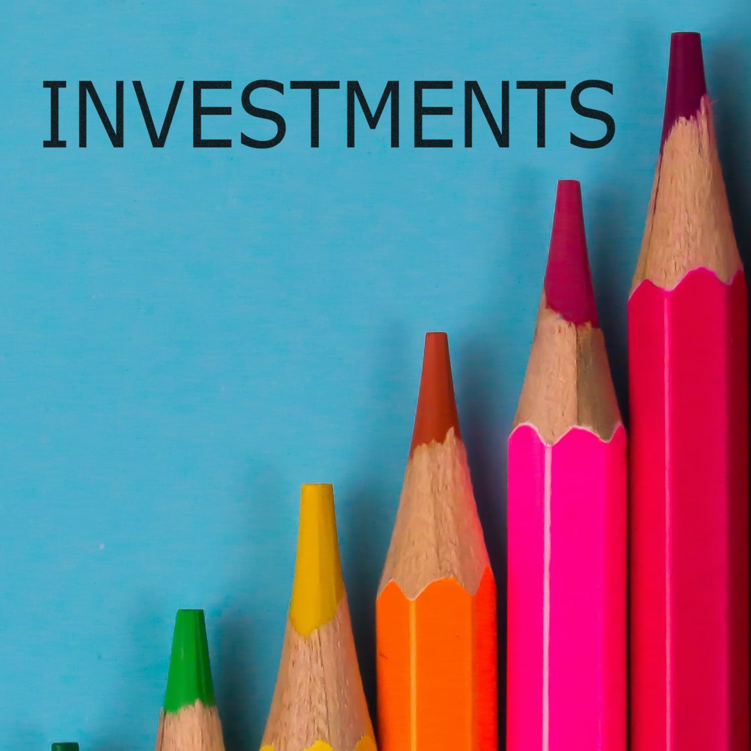 Colorful pencils arranged in ascending order on a blue background with the word INVESTMENTS above, representing a Slim Pre-Inked Investments Stamp.