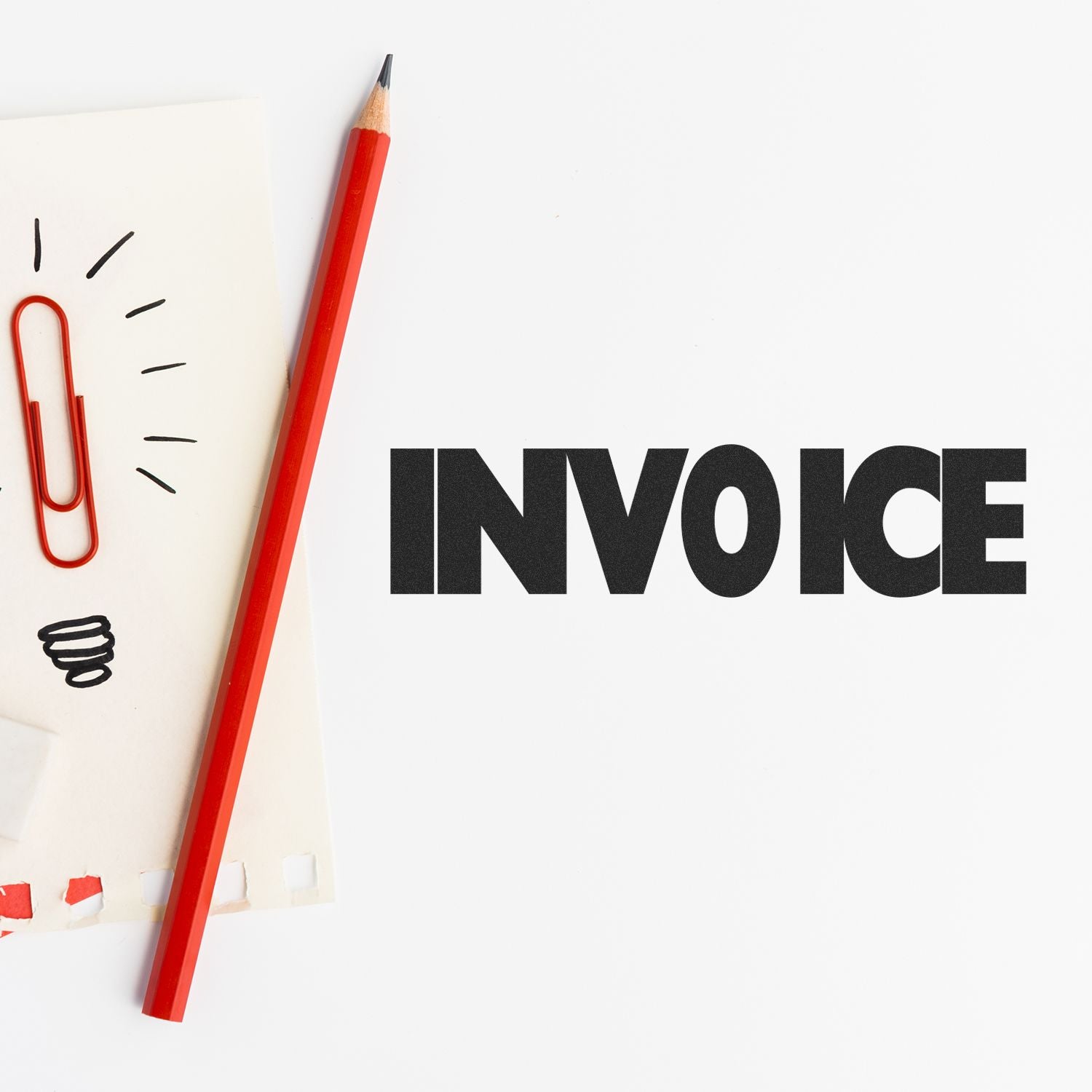 Red pencil and paperclip next to a stamped INVOICE text using the Invoice Rubber Stamp on a white background.