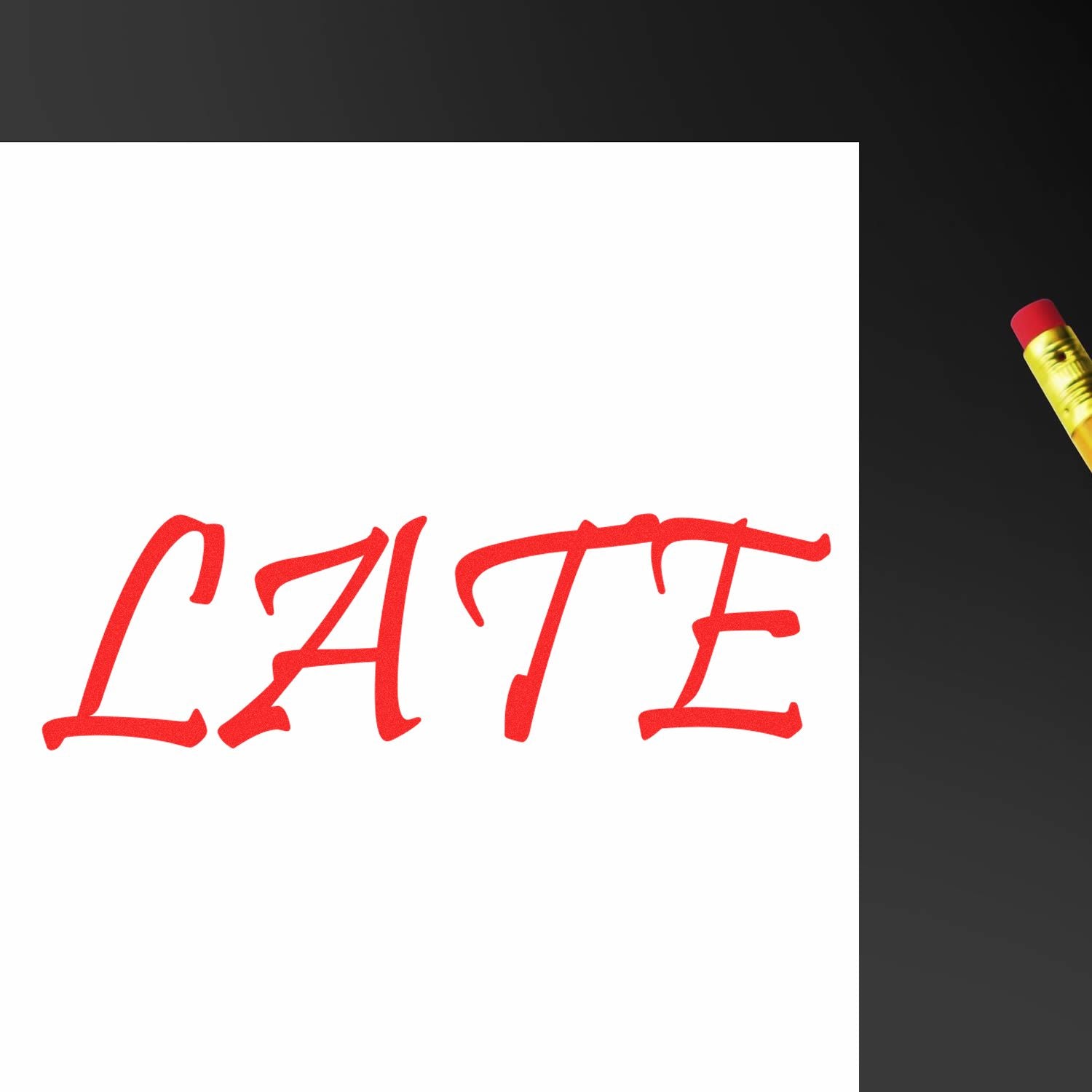 Large Self Inking Late Stamp imprinting the word 'LATE' in red ink on white paper, with a pencil visible in the corner.