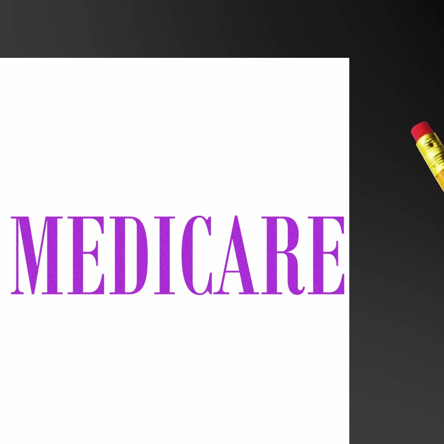 Medicare Rubber Stamp in purple ink on white paper, with a pencil eraser visible in the top right corner.