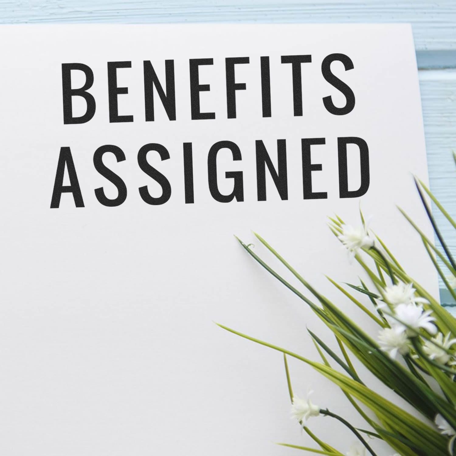 Paper stamped with 'BENEFITS ASSIGNED' using the Large Self Inking Narrow Benefits Assigned Stamp, next to a plant on a blue surface.