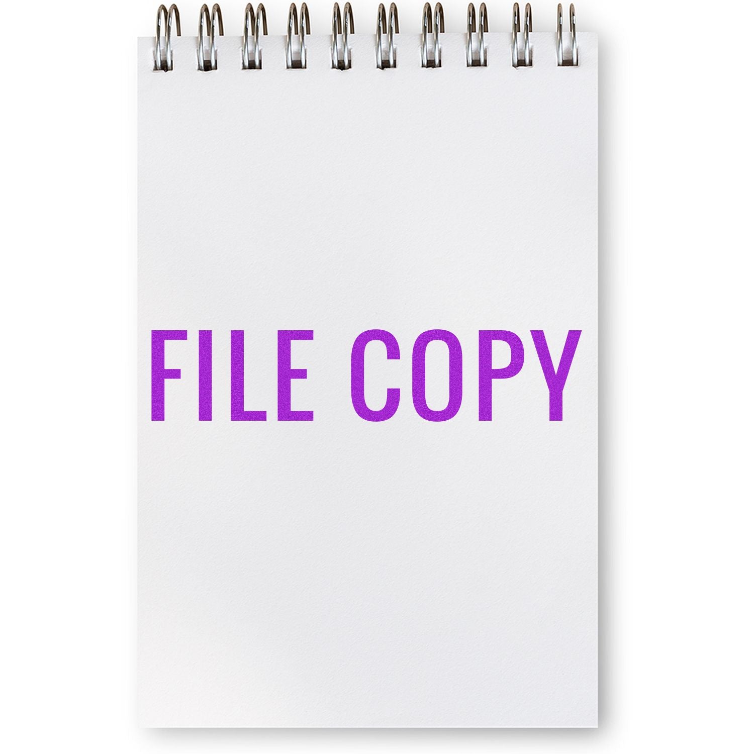 A notebook stamped with FILE COPY in purple ink using the Large Self Inking Narrow Font File Copy Stamp.