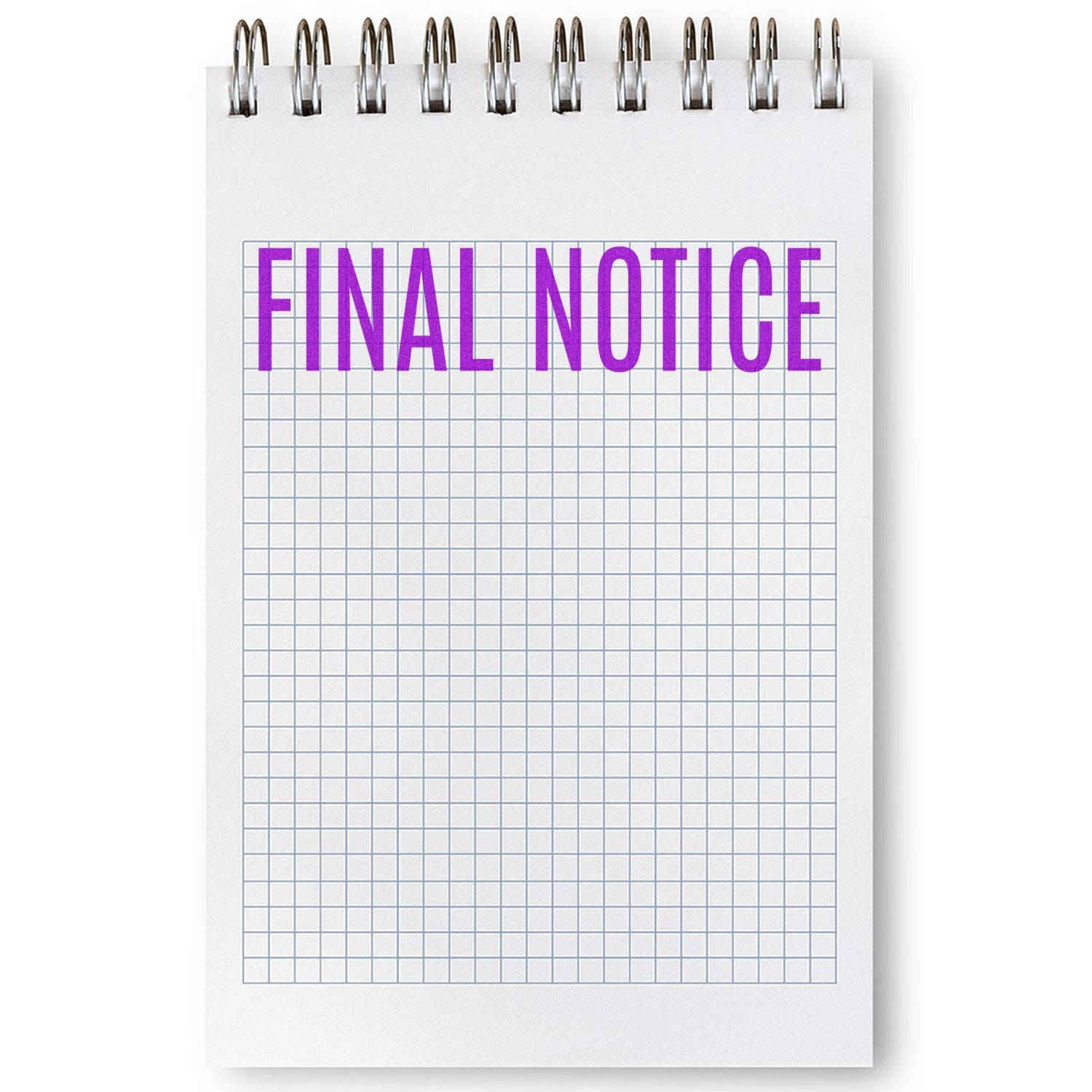 Large Pre-Inked Narrow Font Final Notice Stamp in purple ink on a spiral-bound graph paper notebook.