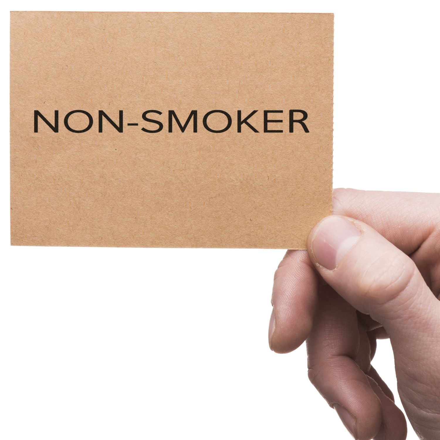 Hand holding a card stamped with NON-SMOKER using a Slim Pre-Inked Narrow Font Non-Smoker Stamp.