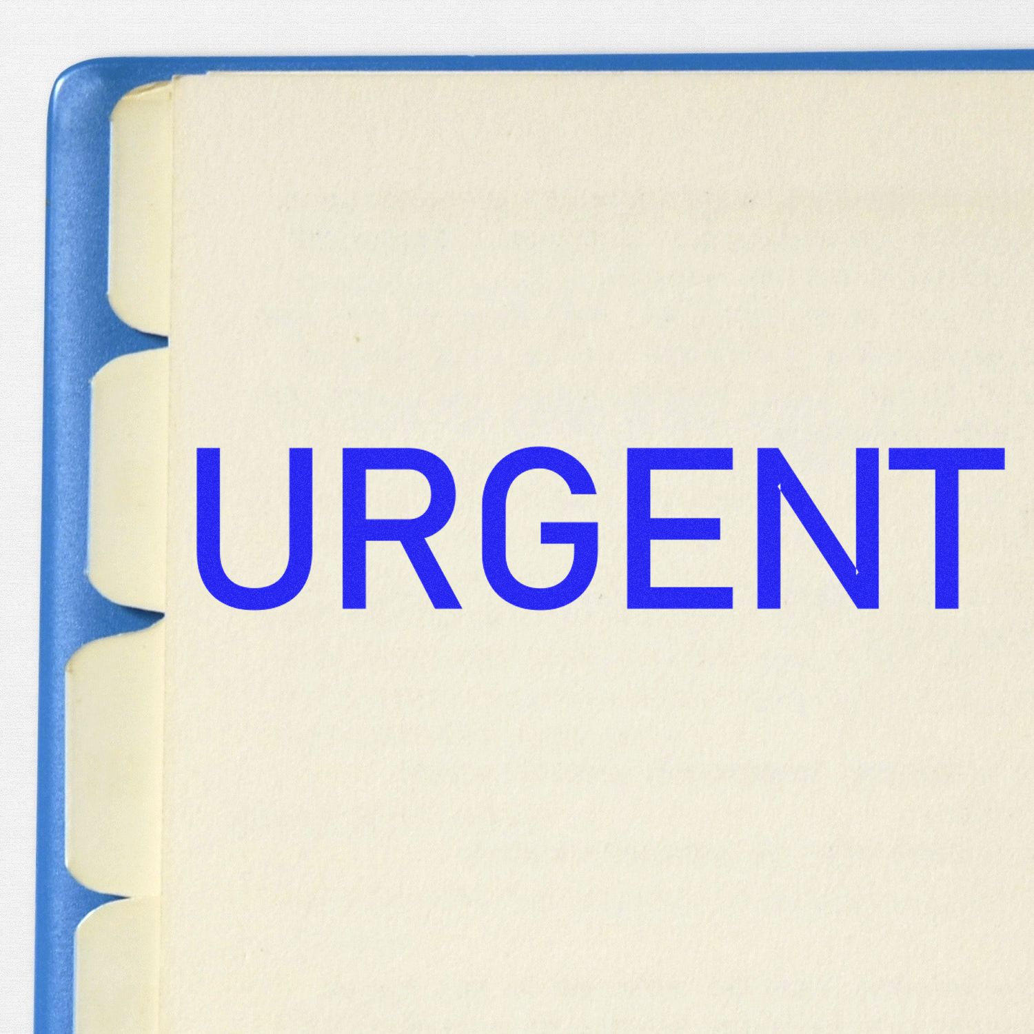 Large Narrow Font Urgent Rubber Stamp in blue ink on a beige file folder with tabbed dividers, emphasizing the urgency of the document.