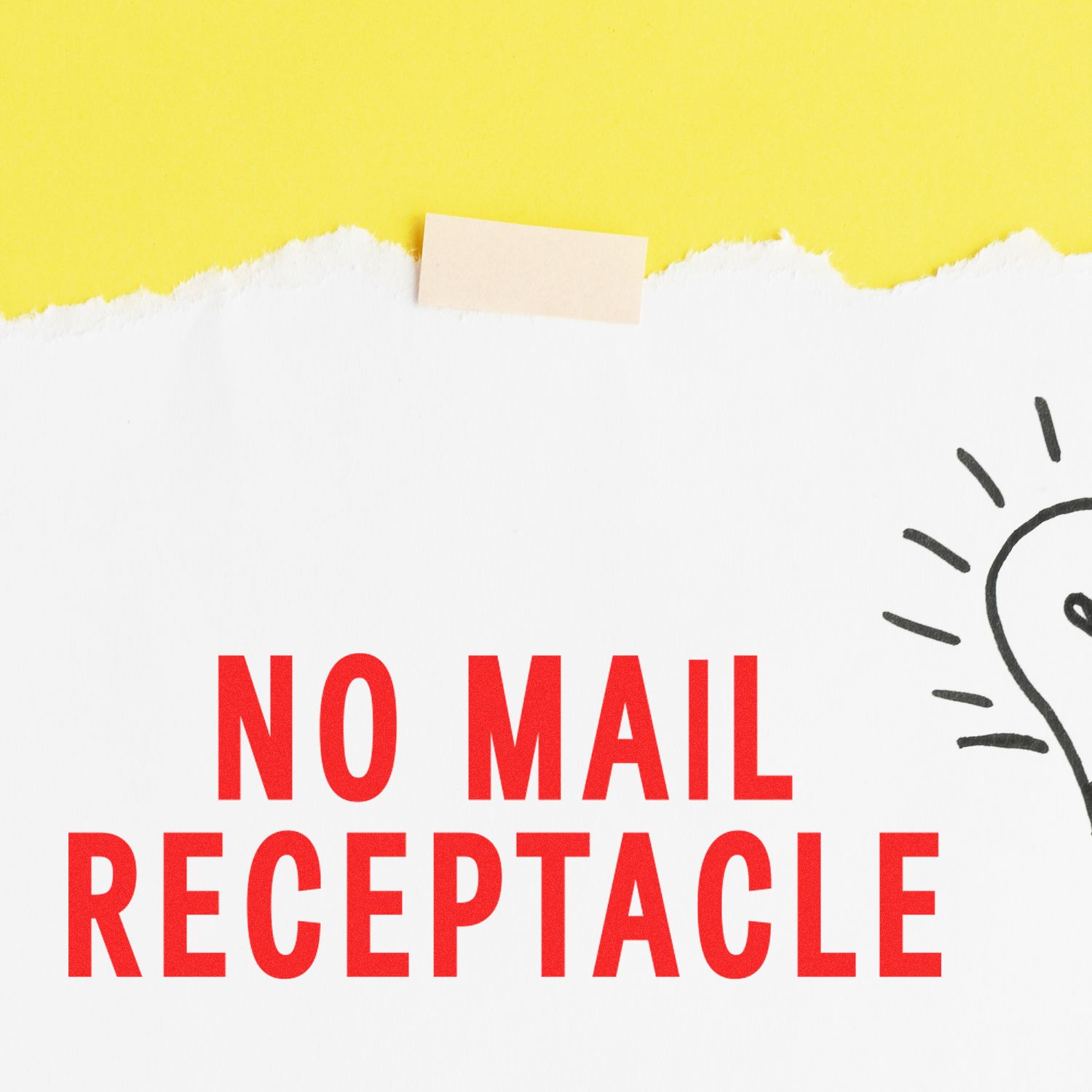 No Mail Receptacle rubber stamp impression on white paper with yellow background, indicating no mail delivery.