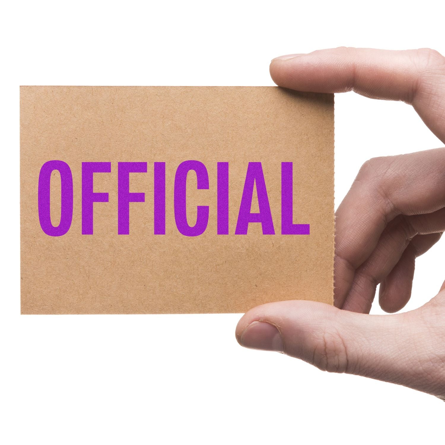 Hand holding a card with the word OFFICIAL stamped in purple, demonstrating the use of an official rubber stamp.