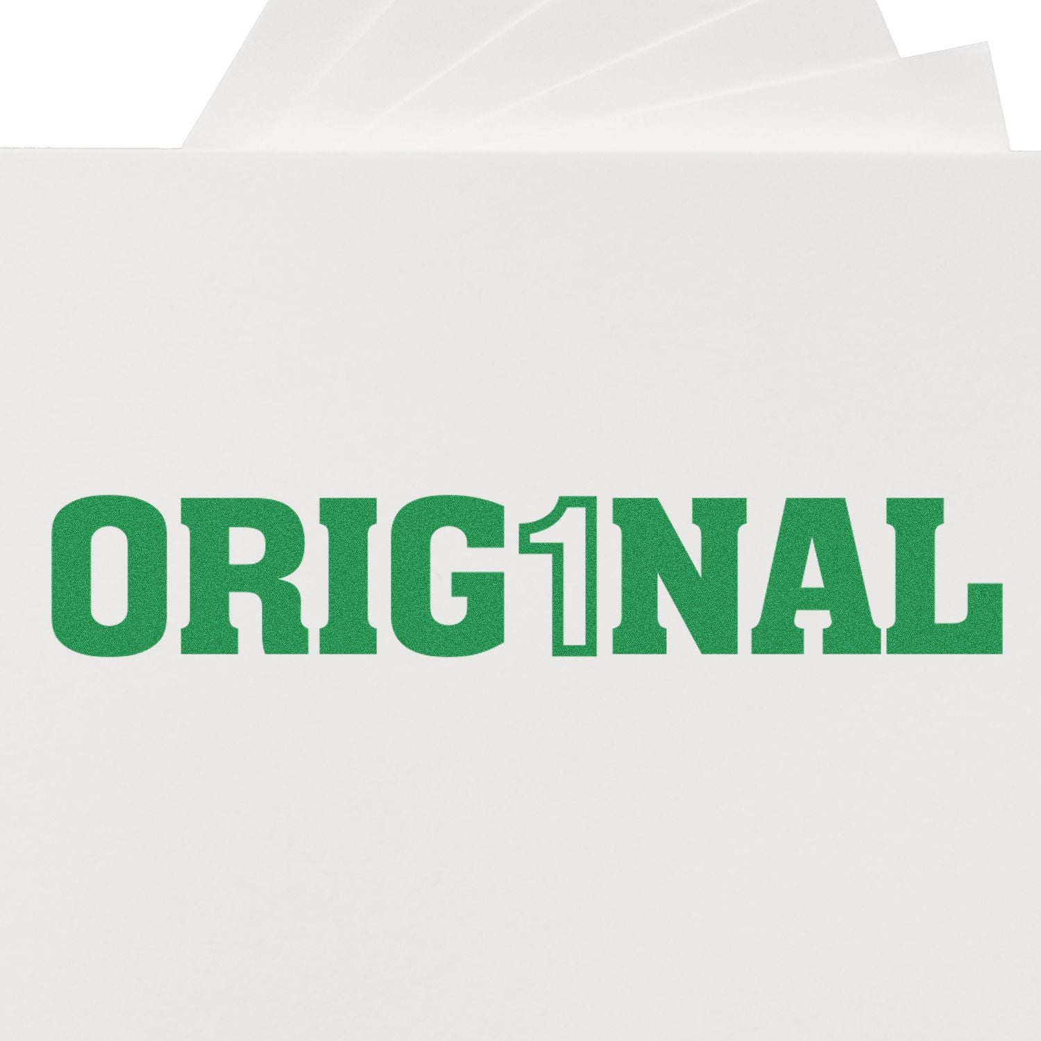 Large Orig1nal Rubber Stamp in use, displaying the word ORIG1NAL in bold green letters on white paper.