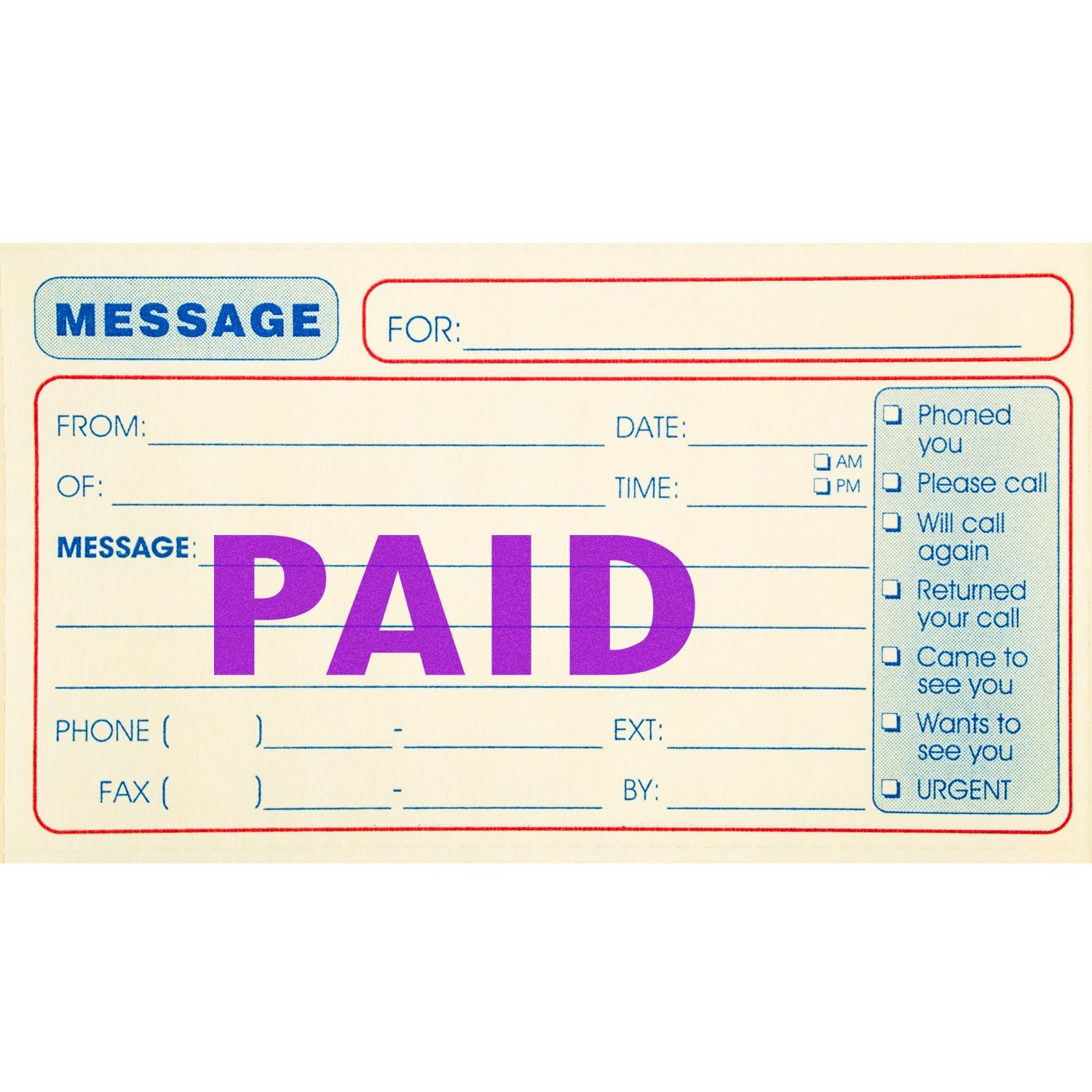 Large Self Inking Paid Stamp marking PAID in bold purple letters on a message slip with fields for message details and contact information.