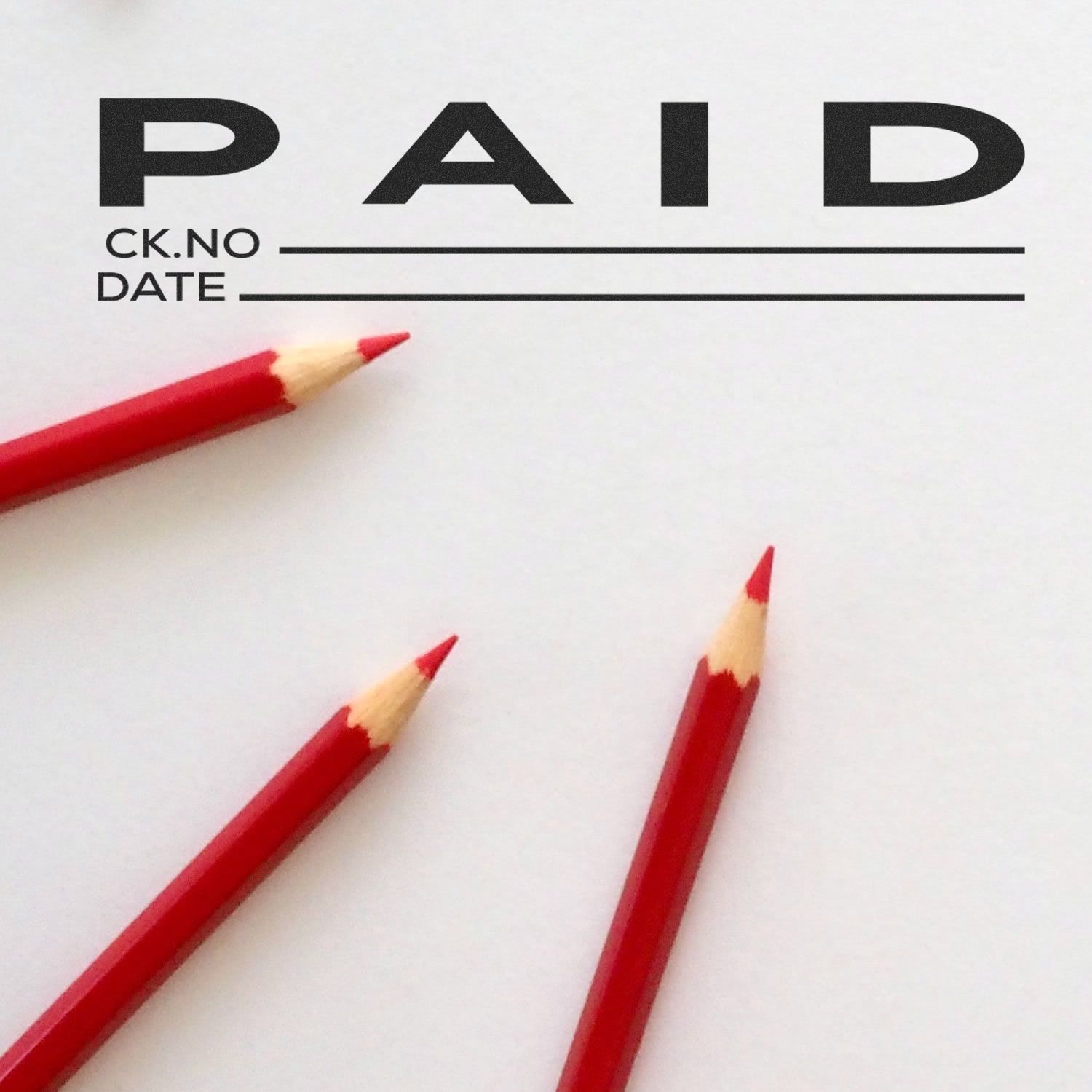 Image of a 'Paid with Ck No Rubber Stamp' with red pencils on a white background. The stamp includes fields for check number and date.