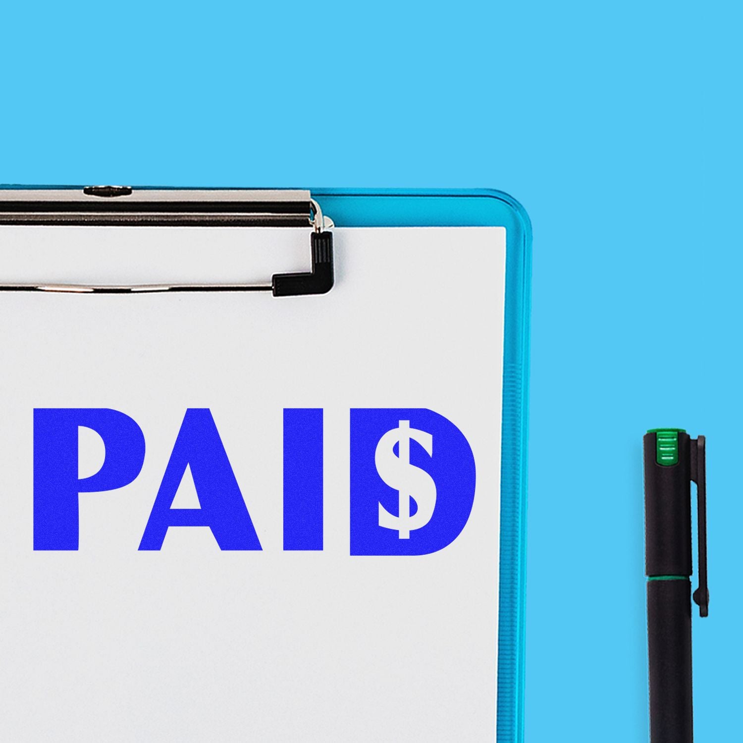 Clipboard with PAID and a dollar sign rubber stamp in blue ink, next to a black pen on a blue background.