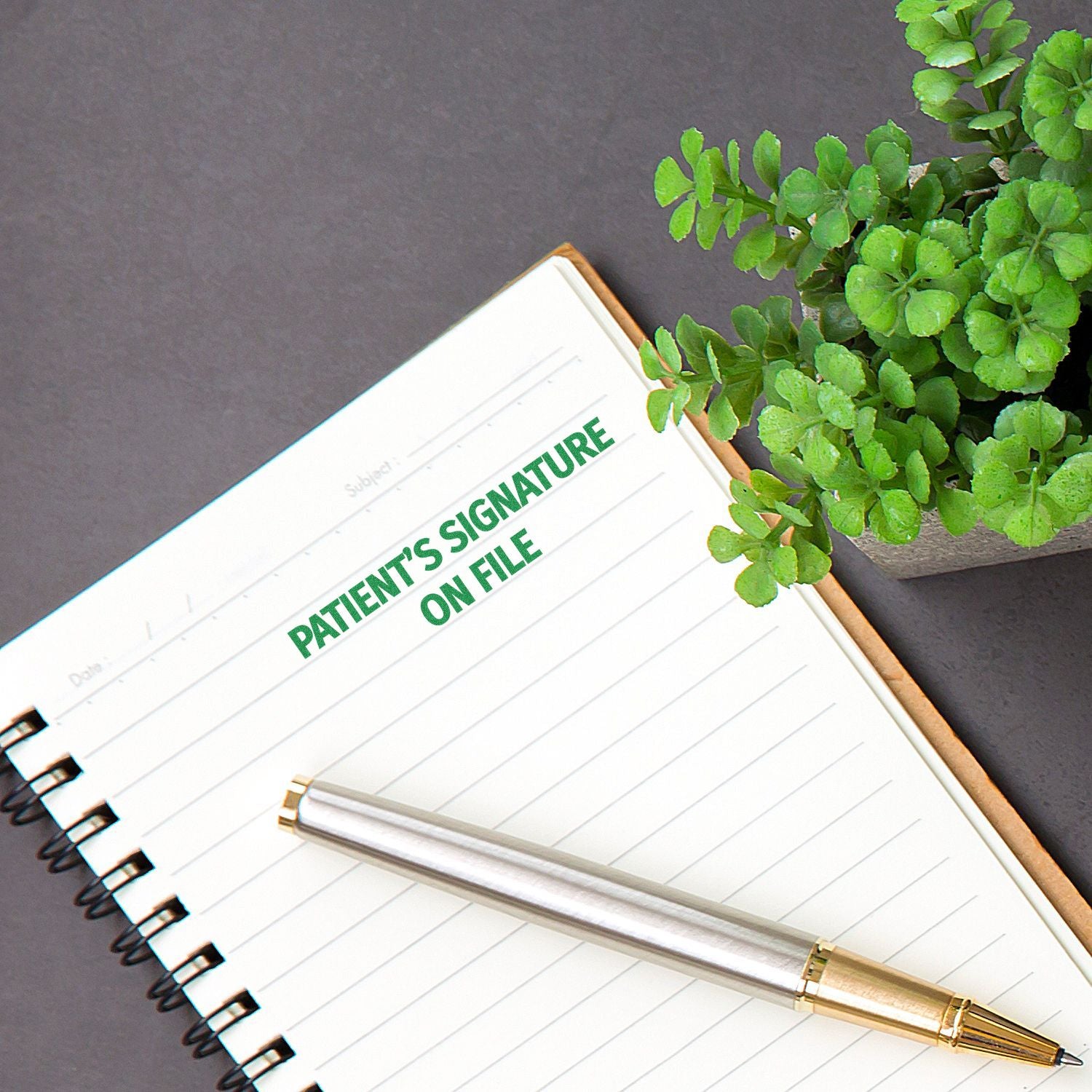 Notebook stamped with Patient's Signature on File in green ink, next to a silver pen and a small potted plant.