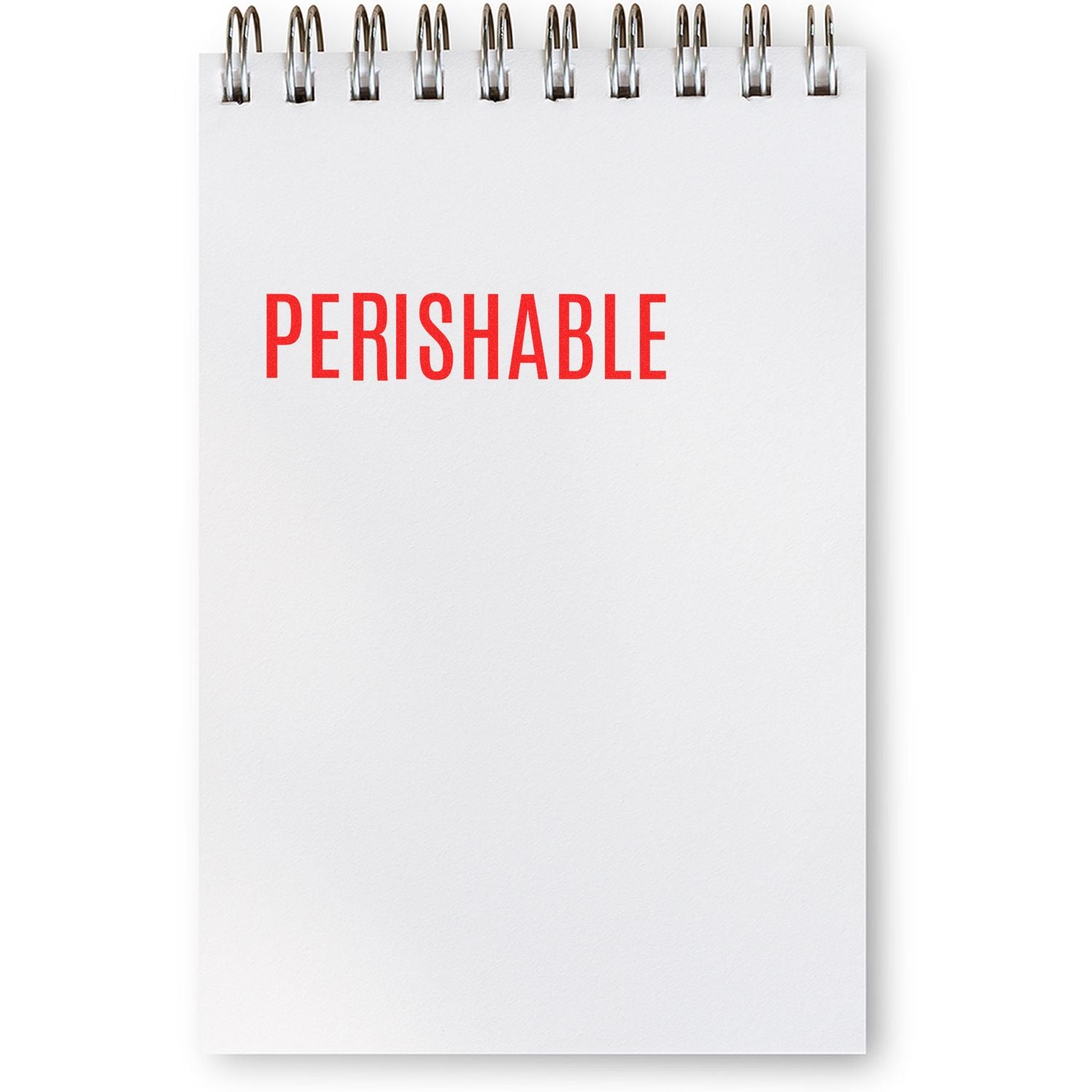 Slim Pre-Inked Perishable Stamp marking 'PERISHABLE' in red on a white notepad with a spiral binding.