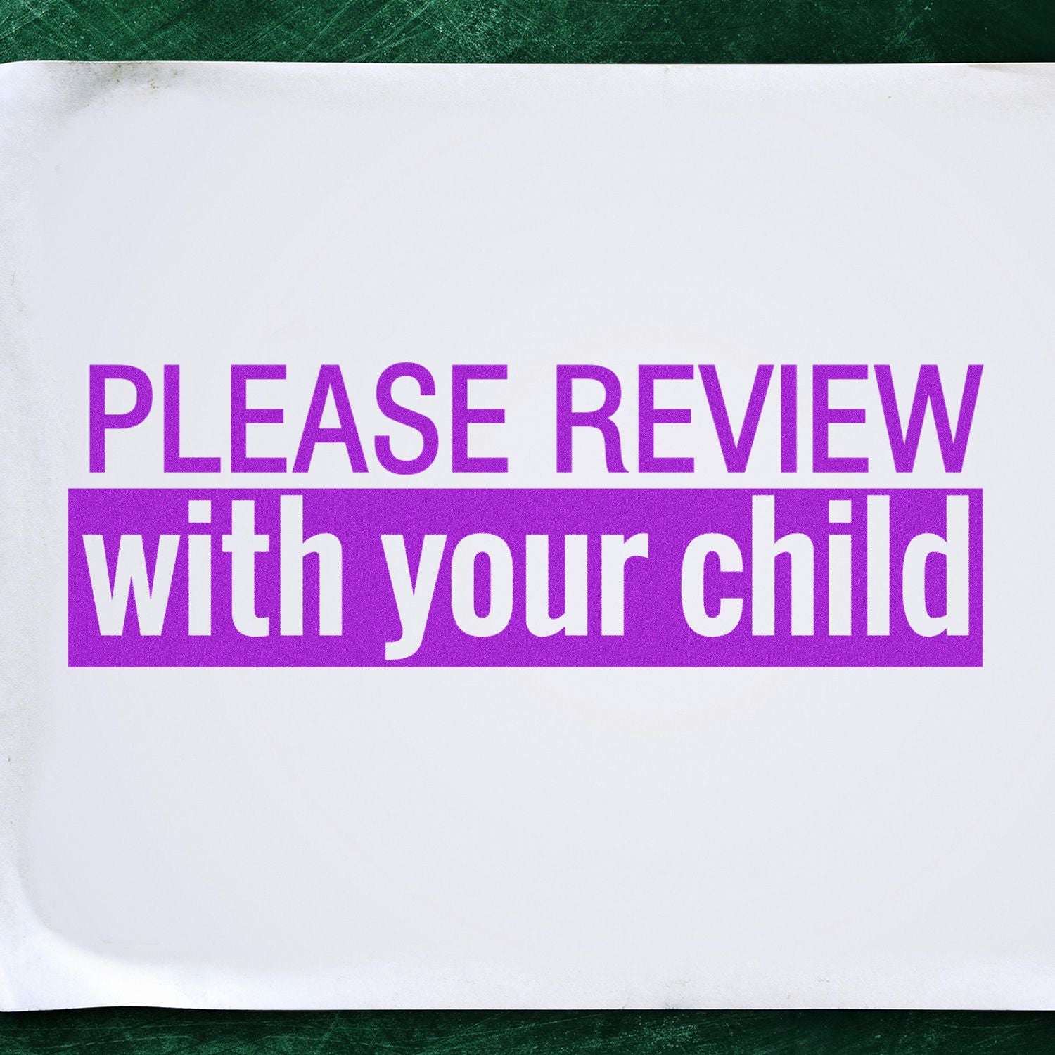 Please Review with your child rubber stamp impression in bold purple text on a white background.