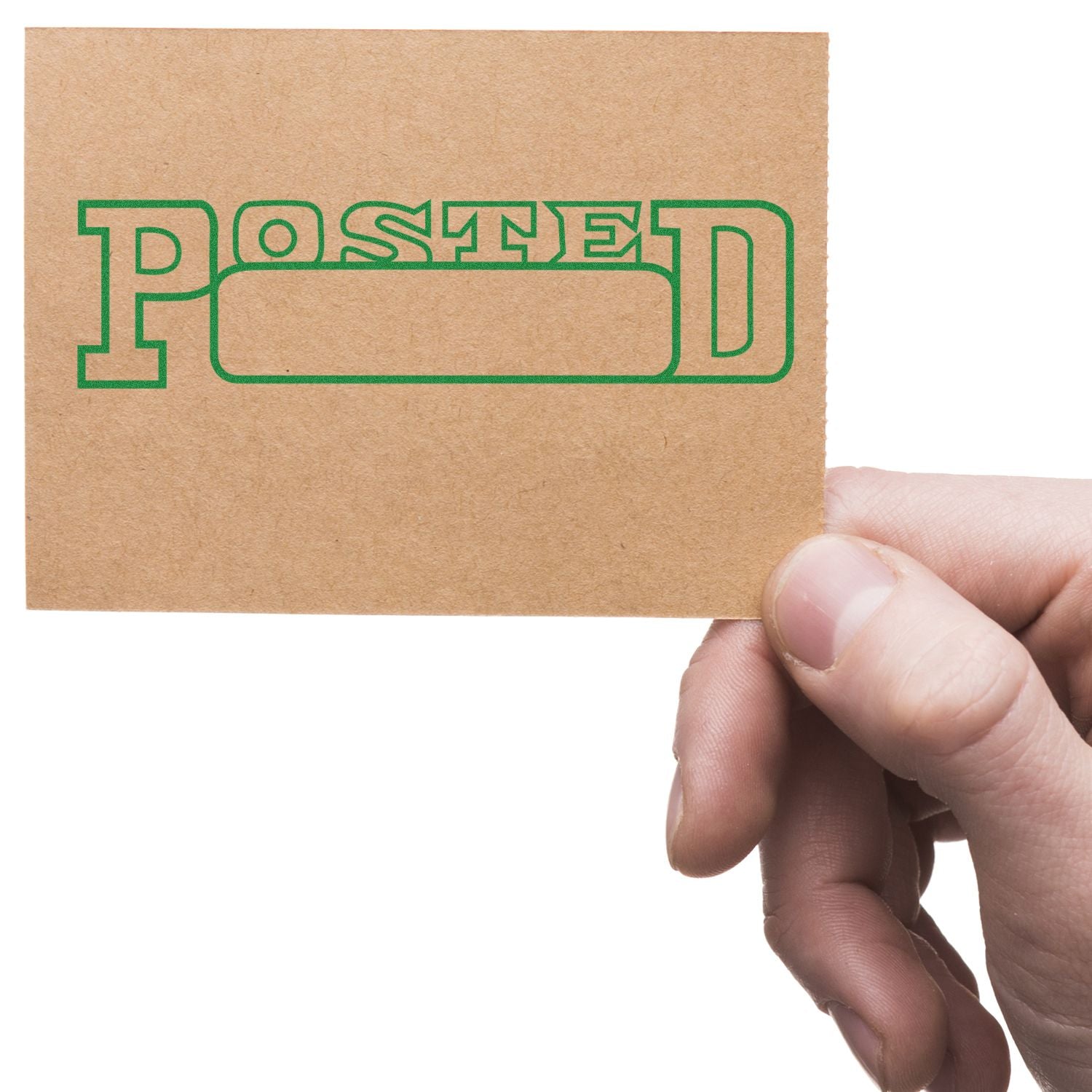 Hand holding a card with Posted with Date Box Rubber Stamp in green text, featuring a blank space for the date.