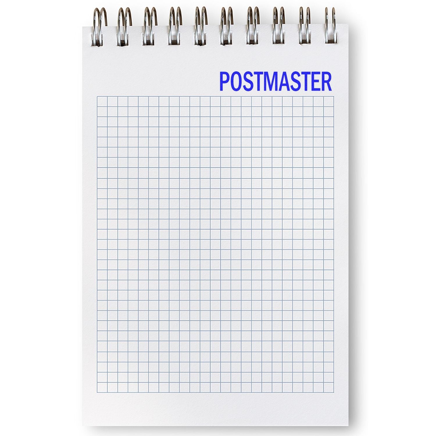 A notebook with a grid pattern and the word POSTMASTER stamped in blue at the top using a Self Inking Postmaster Stamp.