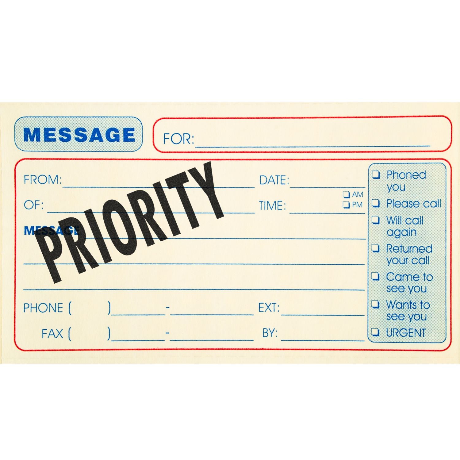 A message form with a large black PRIORITY rubber stamp mark across it, indicating the importance of the message.