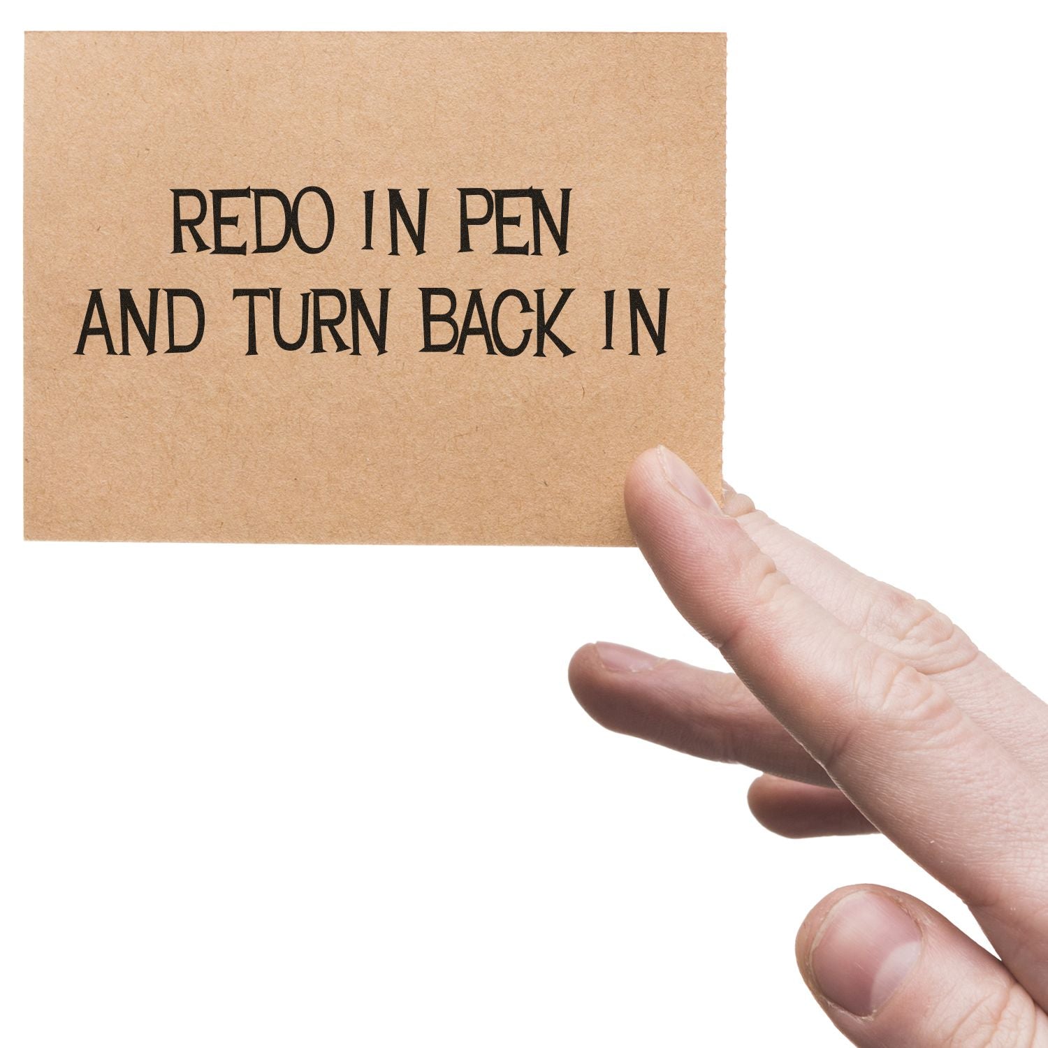 Hand holding a card stamped with Redo In Pen And Turn Back In using a Slim Pre-Inked Redo In Pen And Turn Back In Stamp.