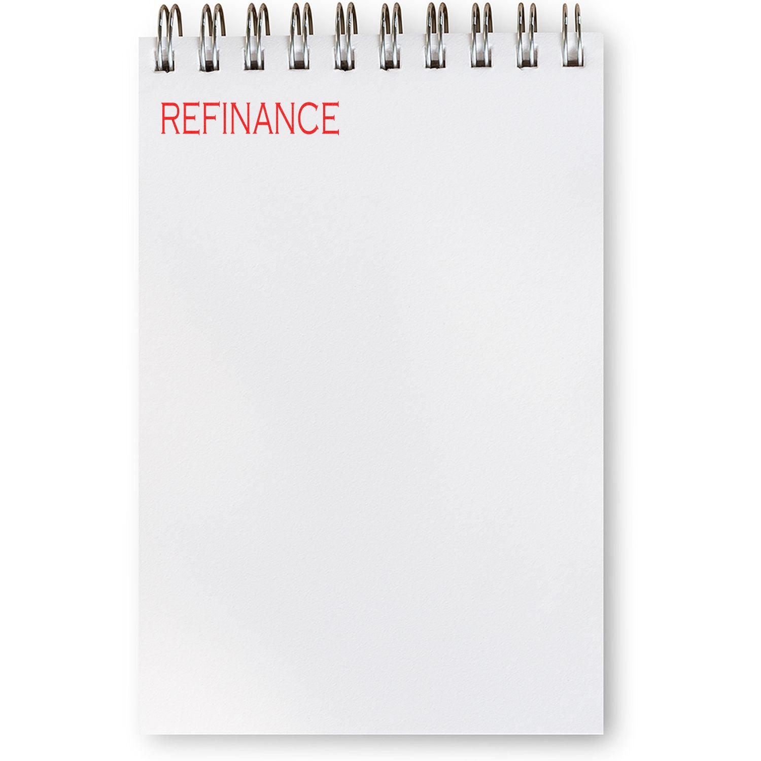 A notepad stamped with REFINANCE in red ink using the Self Inking Refinance Stamp, with a spiral binding at the top.