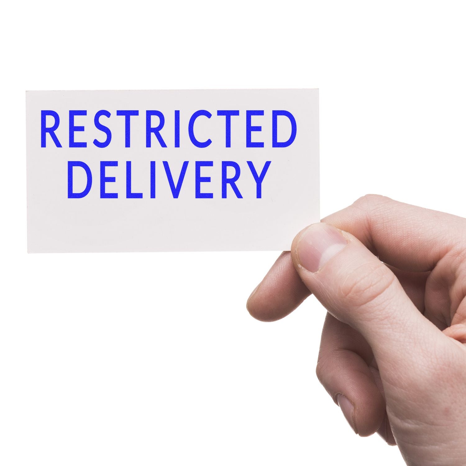 Hand holding a card with RESTRICTED DELIVERY in blue text, demonstrating the use of a Restricted Delivery Rubber Stamp.