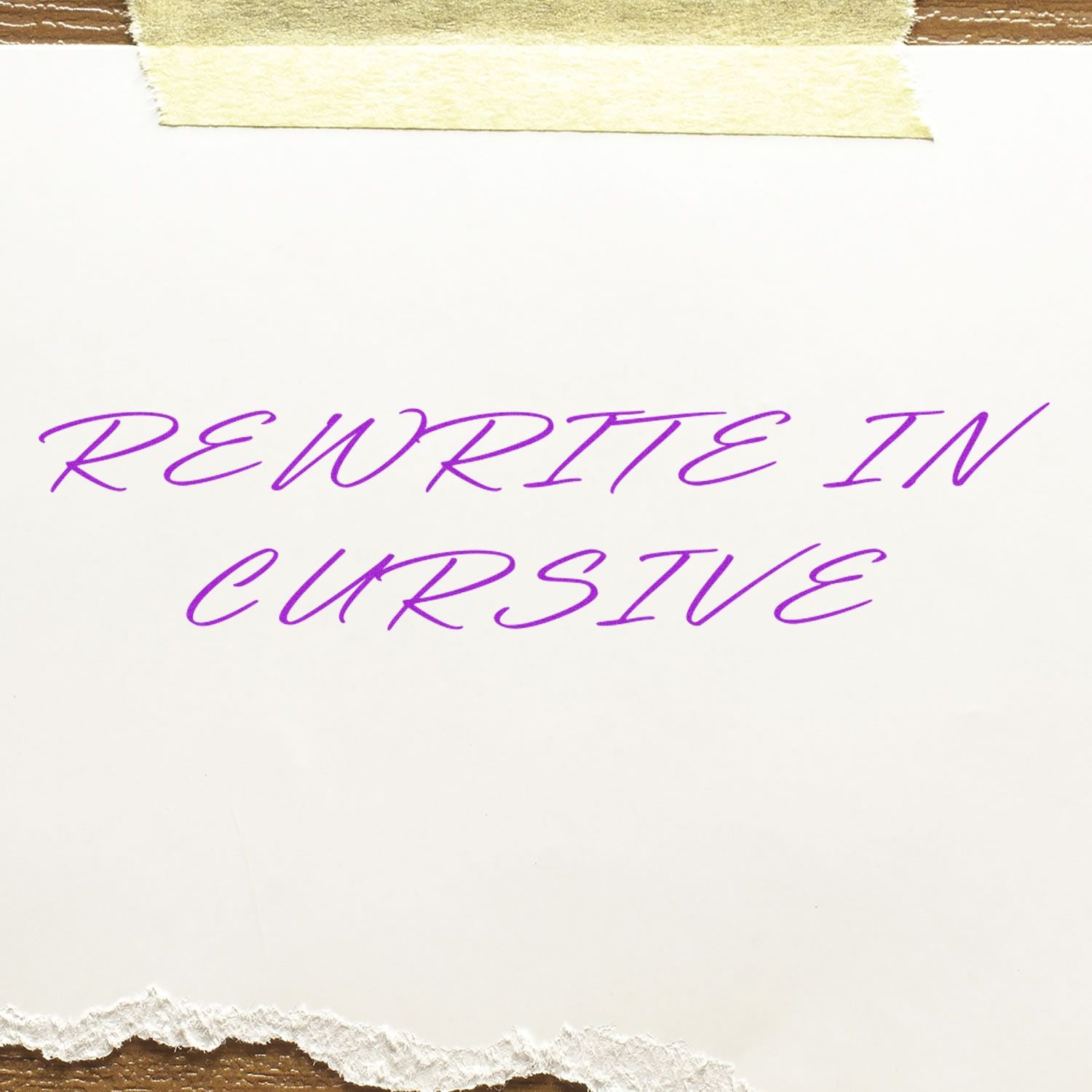 Image of a Slim Pre-Inked Rewrite In Cursive Stamp imprint on white paper with purple text reading 'REWRITE IN CURSIVE'.