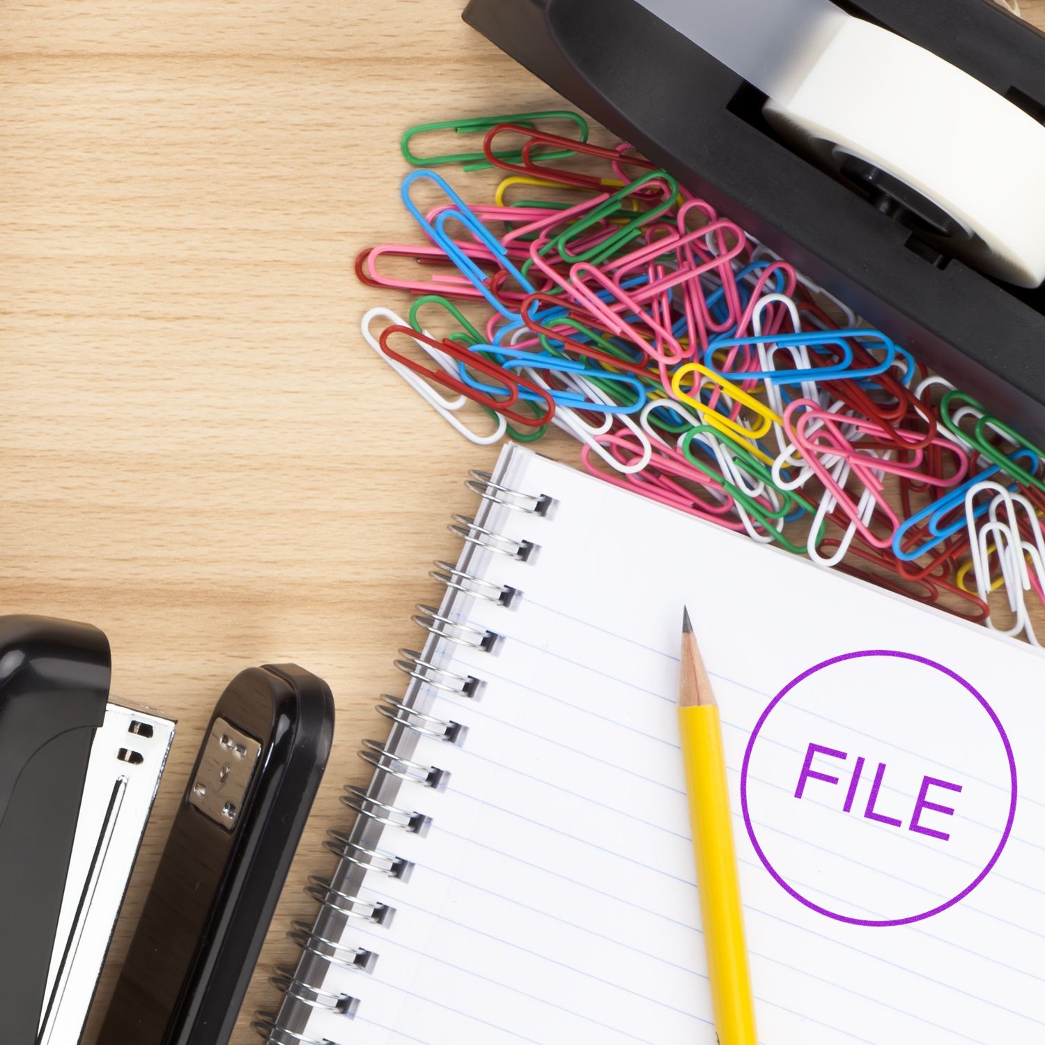 Round File Rubber Stamp marked on a notebook page, surrounded by colorful paper clips, a stapler, and a tape dispenser.