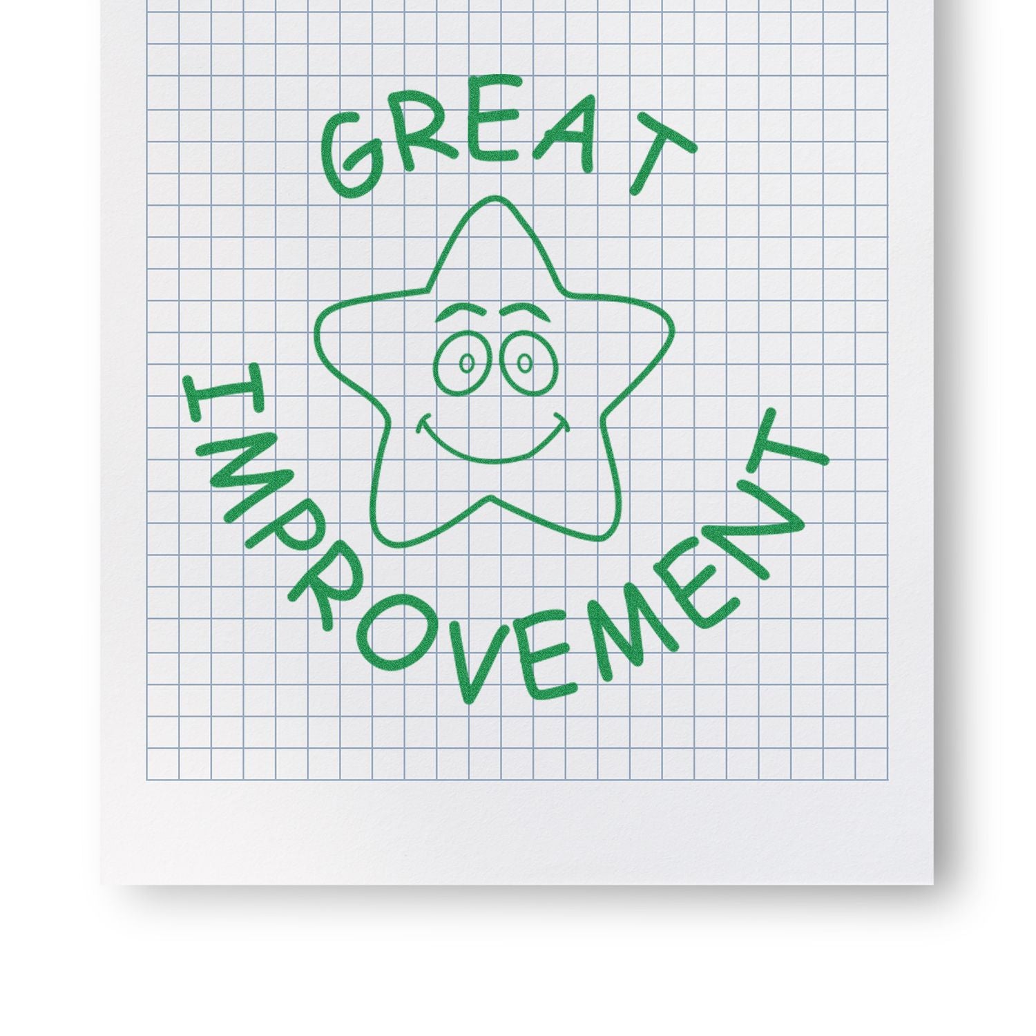 Round Great Improvement rubber stamp with a smiling star face on graph paper background.