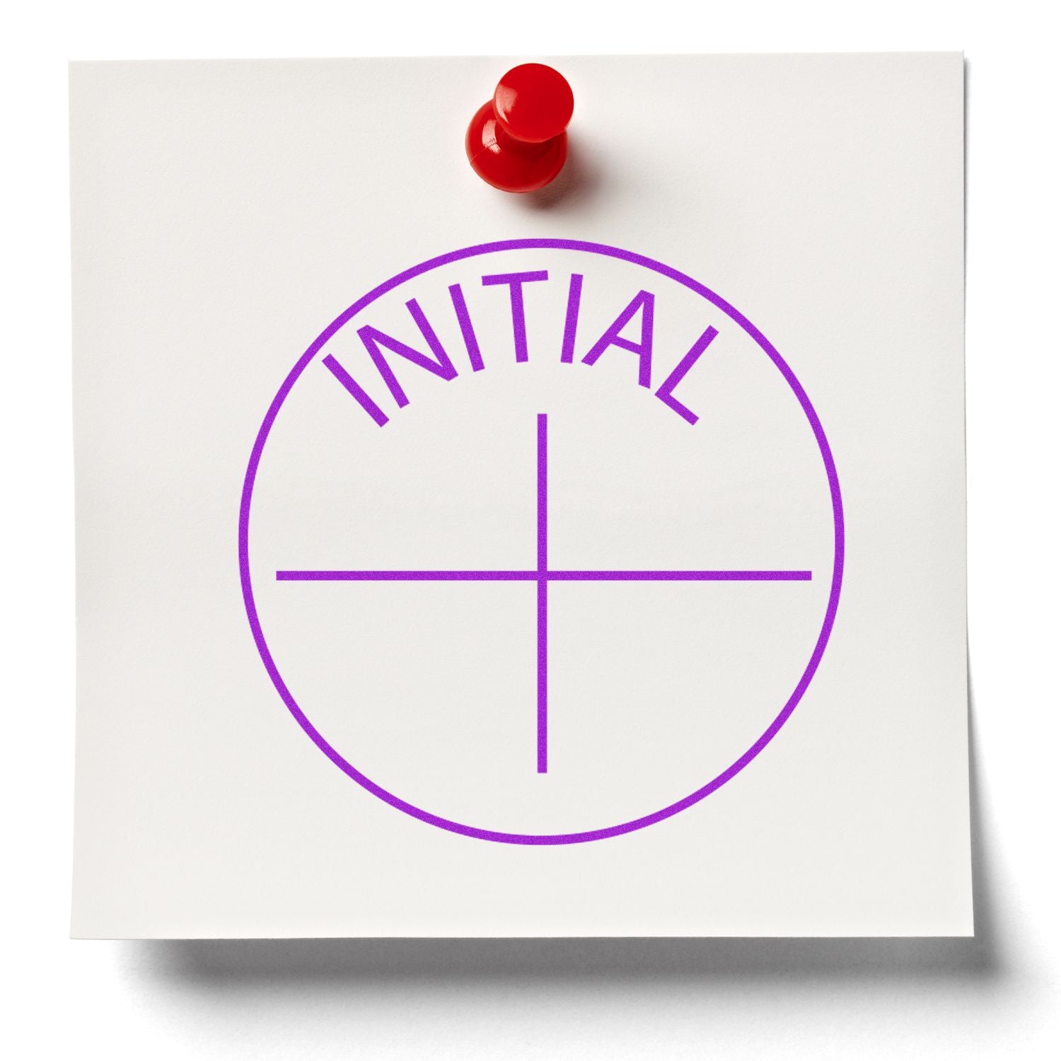 Round Initial Rubber Stamp in purple ink on a white sticky note pinned with a red pushpin.