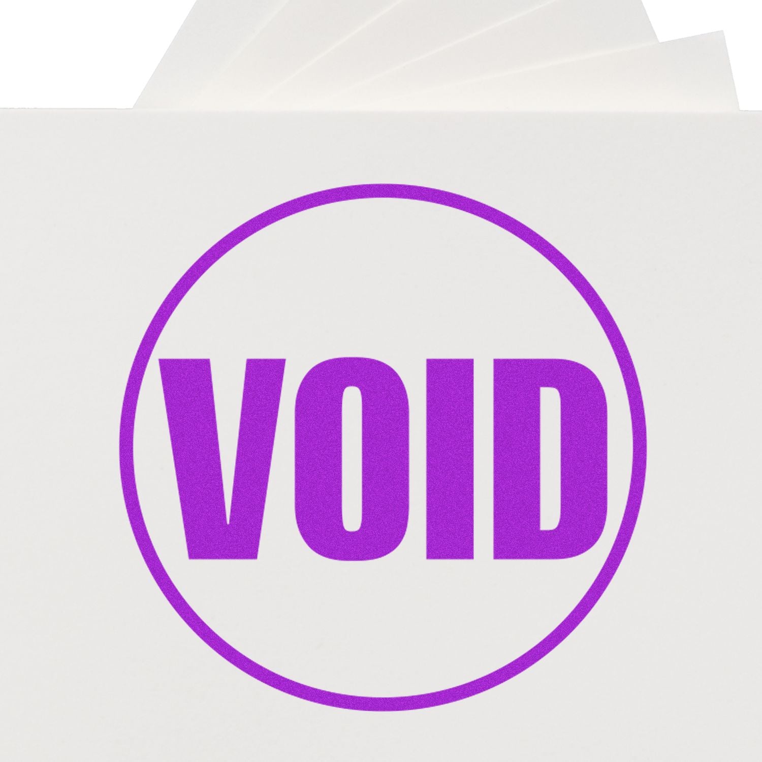 Round Void Rubber Stamp with bold purple 'VOID' text inside a circle, stamped on a white surface.